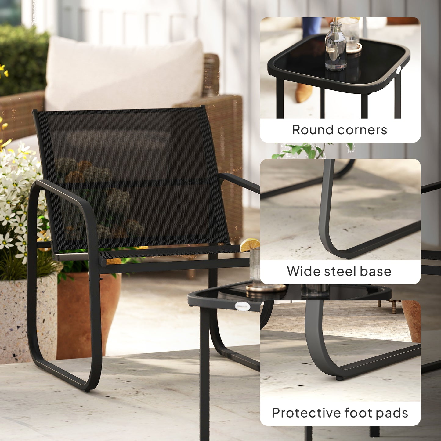 Outsunny Three Piece Garden Seating Set With Square Glass Top Table Two Armchairs Black Powder Coated Steel