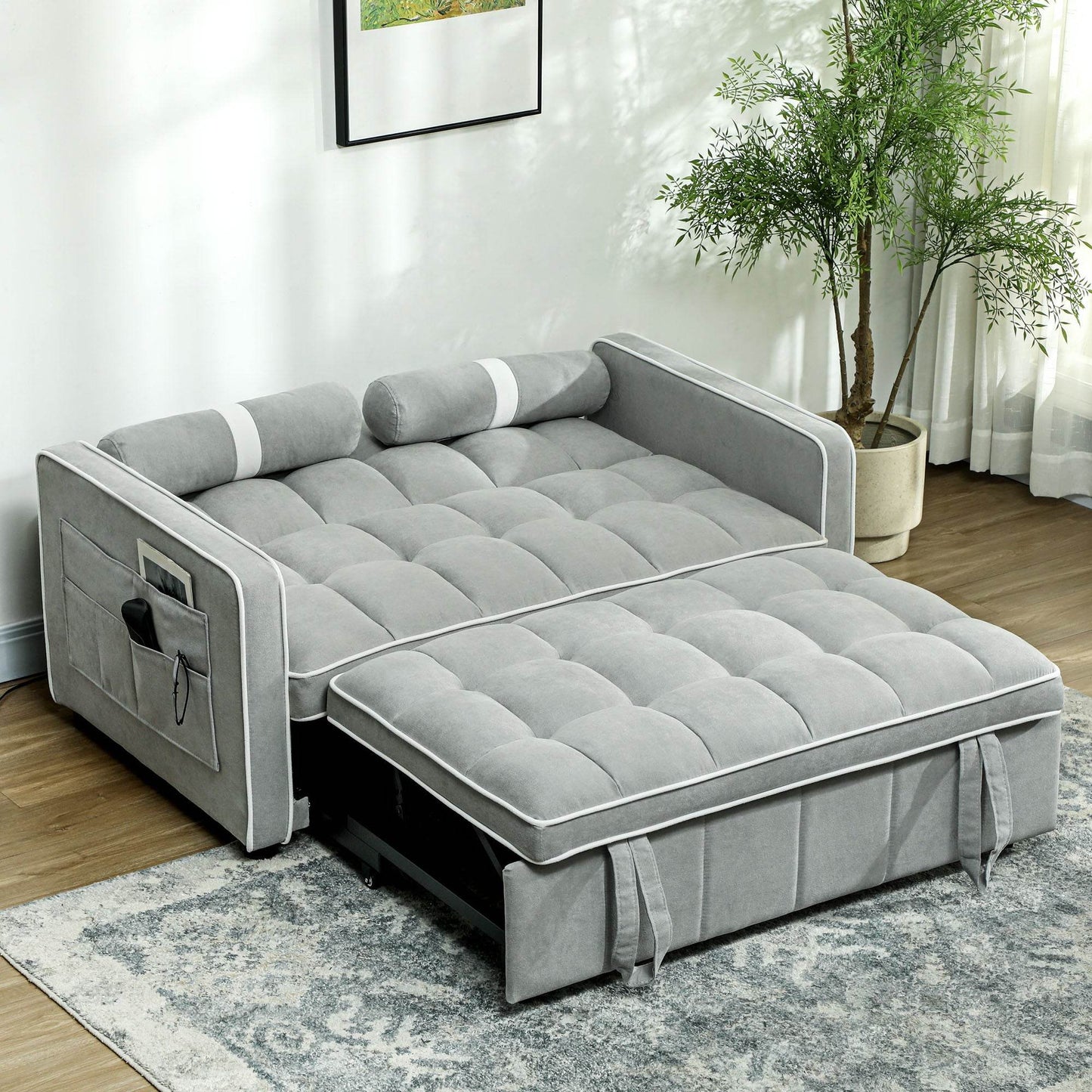 HOMCOM Light Grey Linen-Look Convertible Sofa Bed with Adjustable Backrest - ALL4U RETAILER LTD