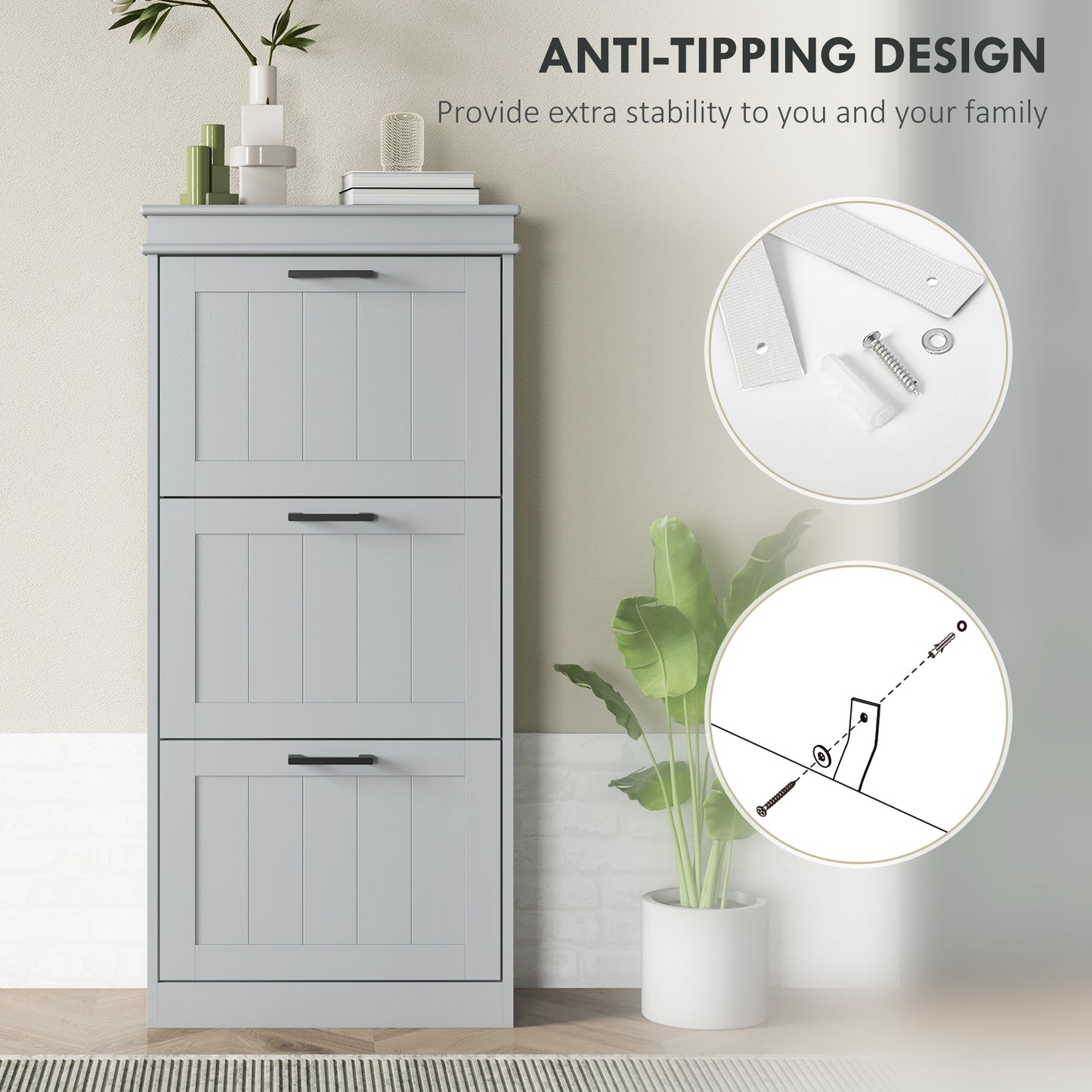 HOMCOM Three Drawer Minimalistic Shoe Cabinet Grey With Adjustable Shelves For 15 Pairs Of Shoes