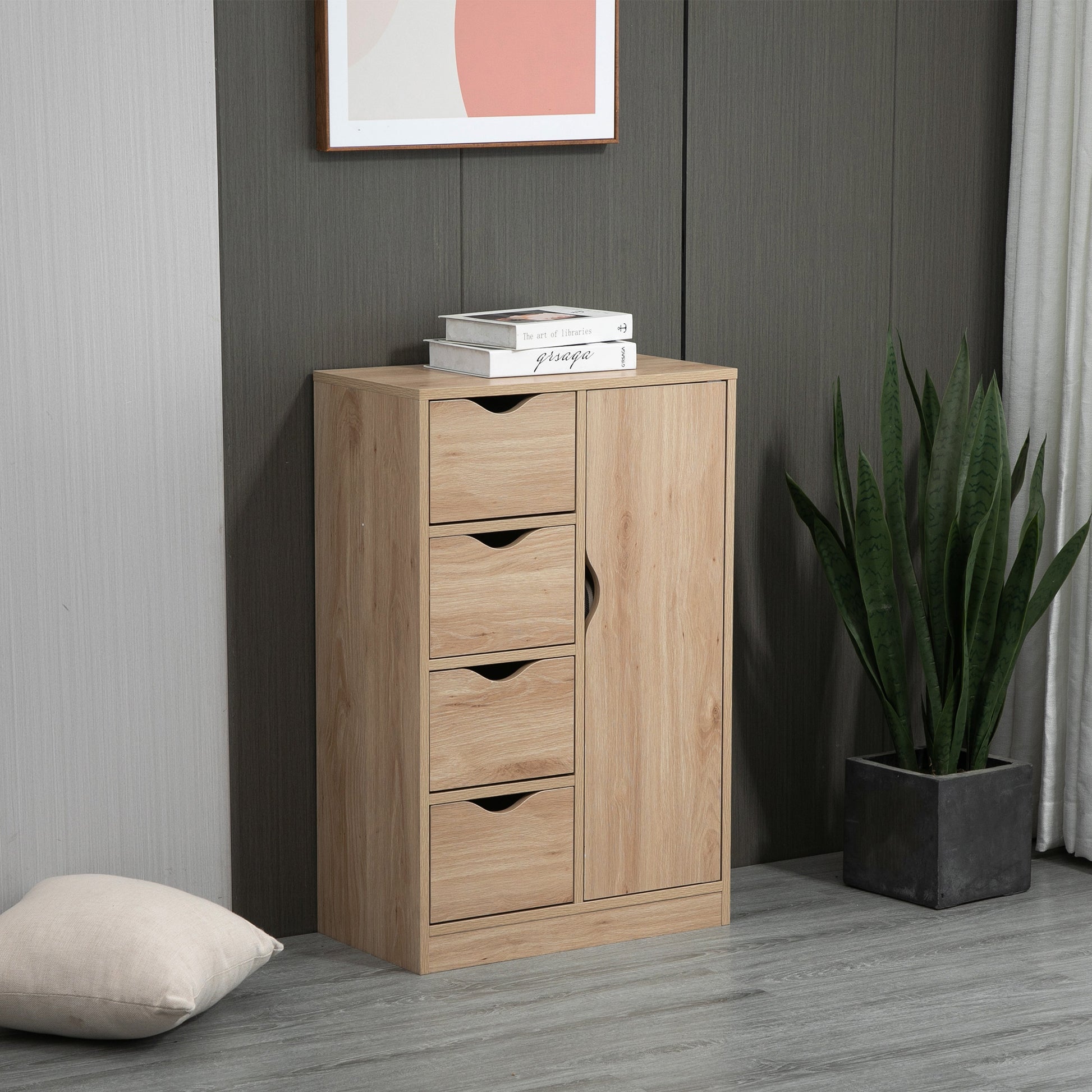 HOMCOM Freestanding Freestyle Bathroom Storage Unit with 4 Drawers and Door Cupboard in Natural Finish - ALL4U RETAILER LTD