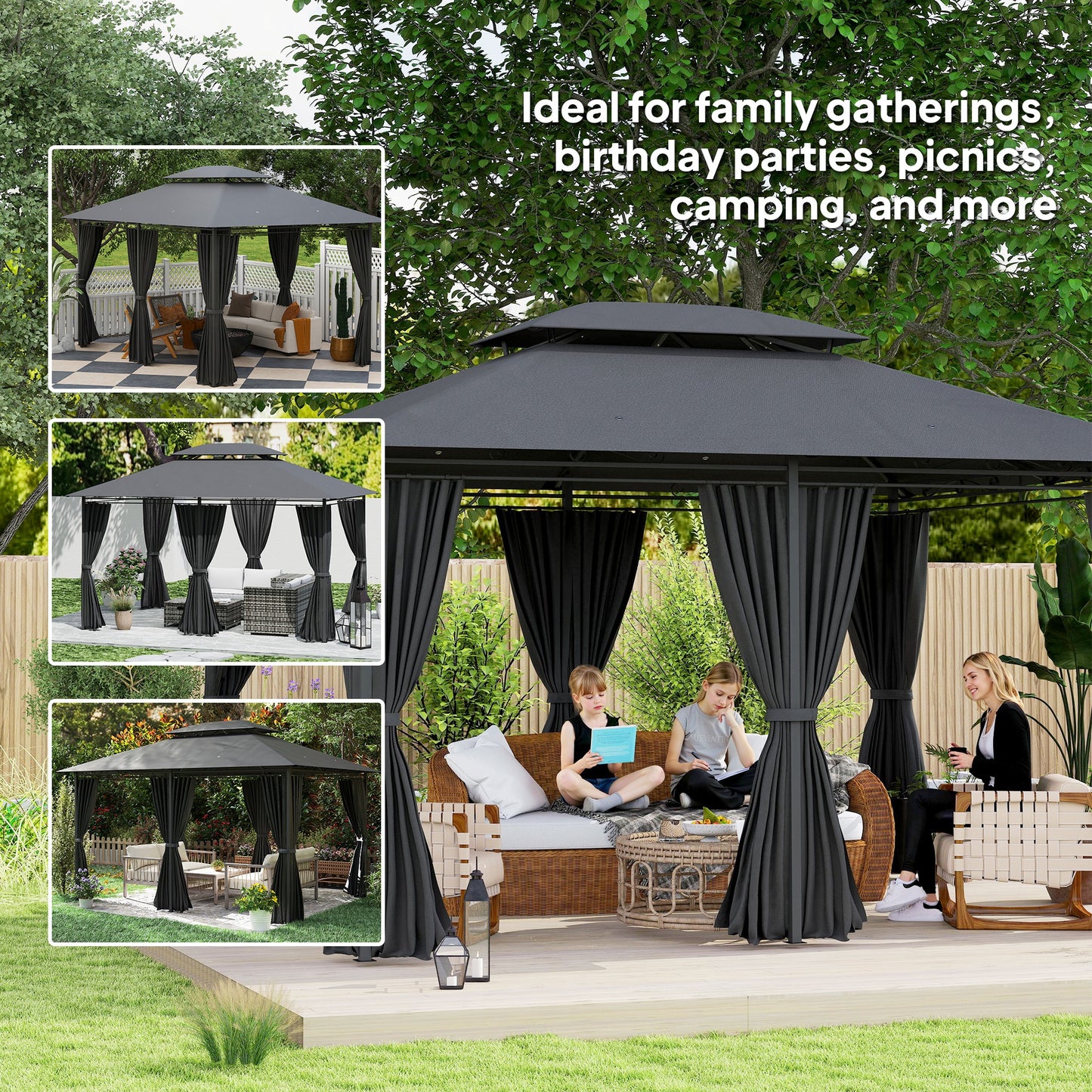 Outsunny 3x4m Steel Gazebo With UV Resistant Curtains Black Outdoor Party Shelter Two Tier Roof Ground Stakes