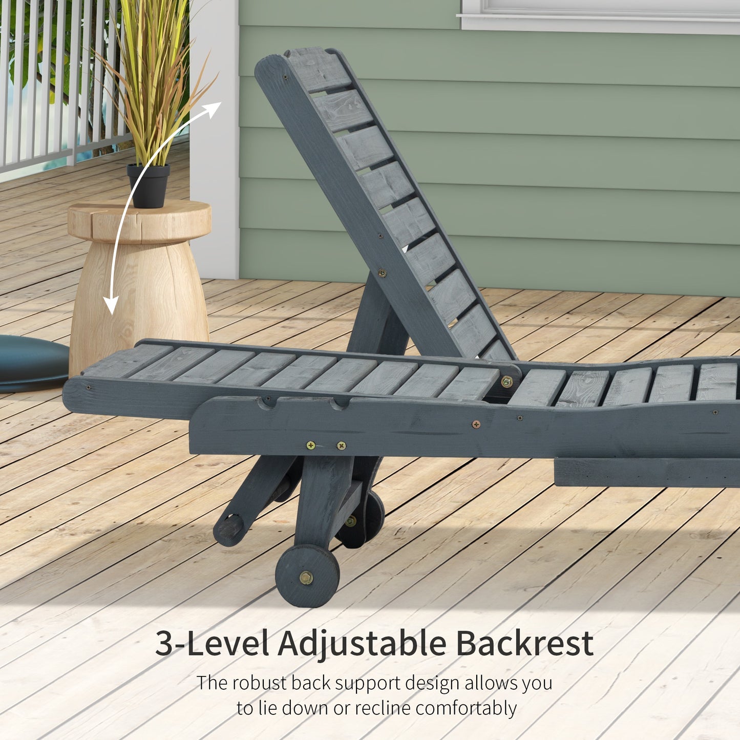 Outsunny Wooden Garden Sun Lounger With Built In Table Rolling Wheels Reclining Backrest And Side Tray Grey