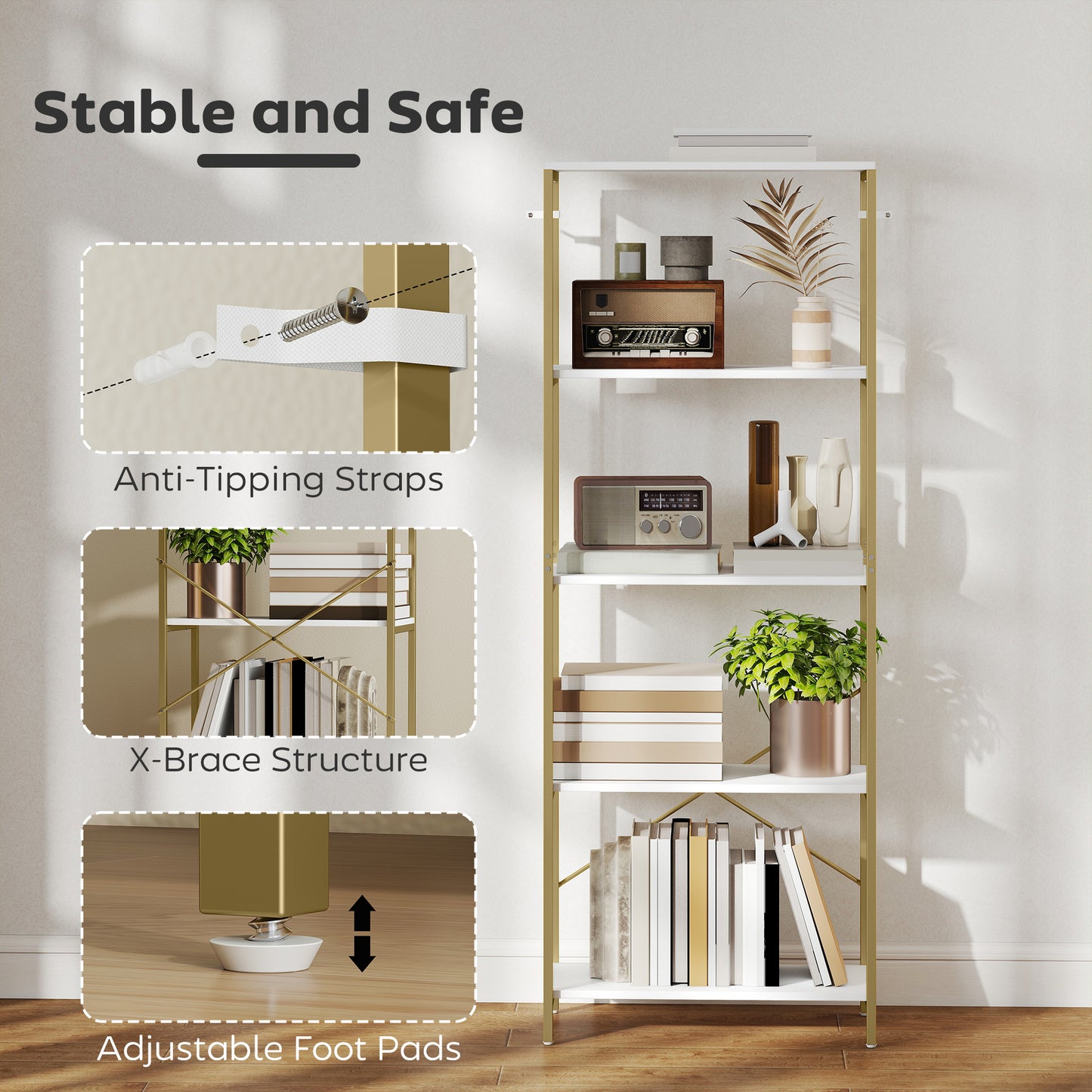 HOMCOM 5 Tier Bookshelf Modern Bookcase With Metal Frame White And Gold Tone Back X Bar Support