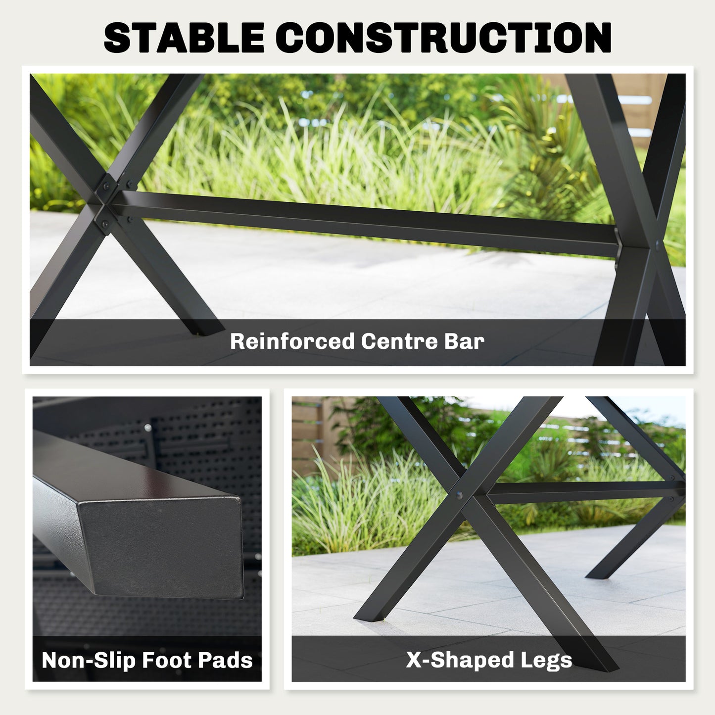Outsunny Garden Dining Table for 6 with Wood Effect HDPE Top and X Shaped Metal Legs Black