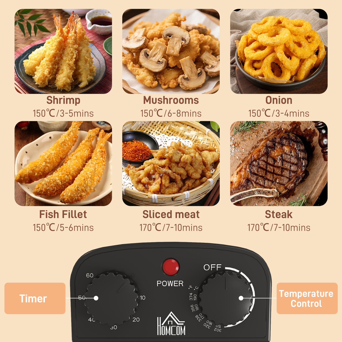 HOMCOM 5 Litre Stainless Steel Deep Fryer 2000W With Adjustable Temperature 150-190 C And 60 Min Timer Viewing Window