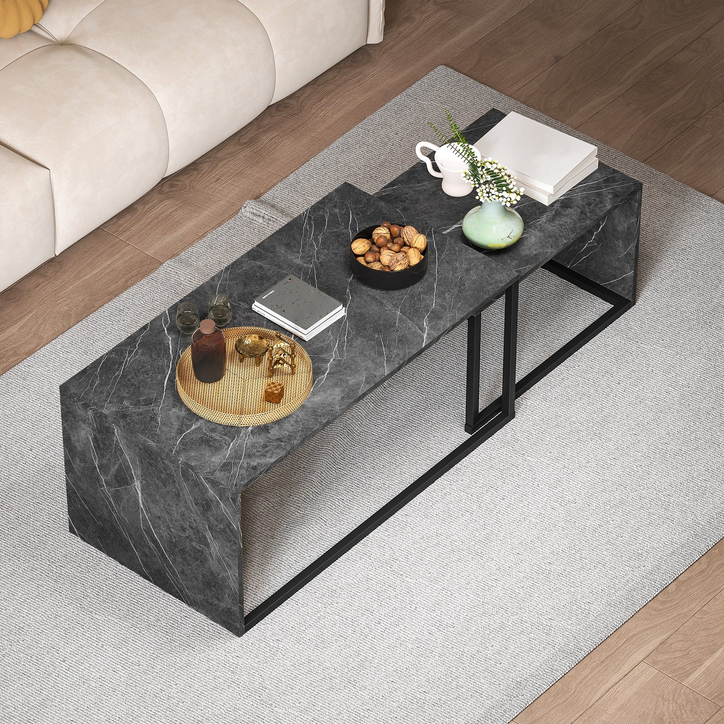 HOMCOM Nesting Coffee Tables Set of 2 Industrial Stacking Side Tables with Metal Frame Dark Grey Marble Effect