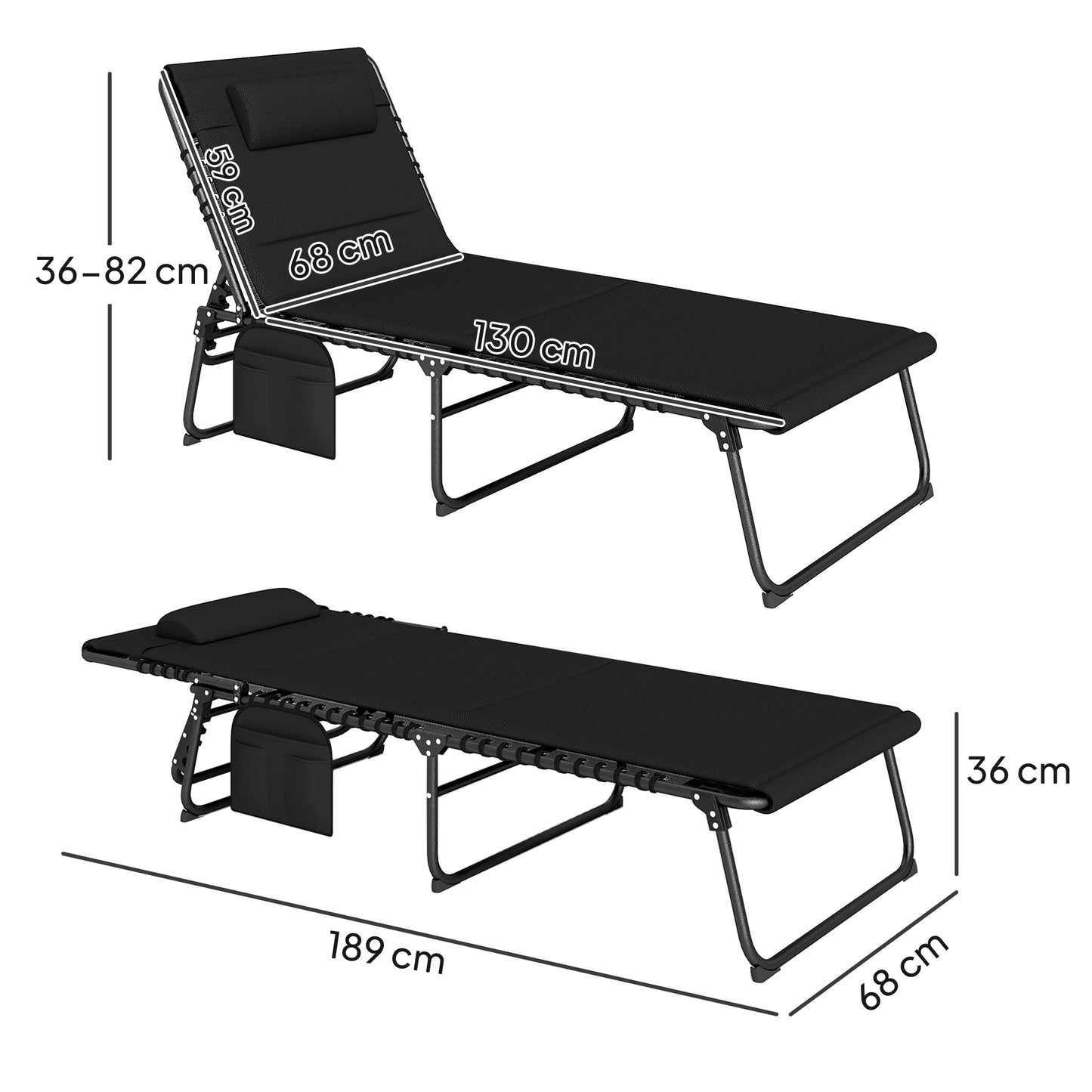 Outsunny Set Of Two Reclining Sun Loungers In Black With Five Position Adjustable Backs And Side Pockets
