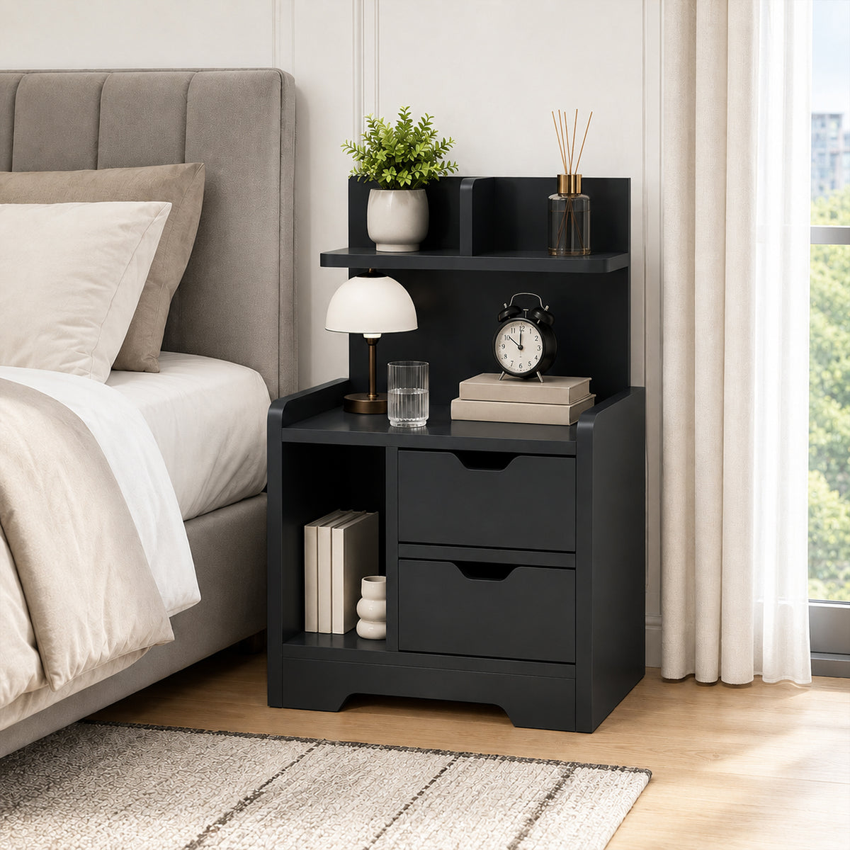 HOMCOM Black Wood Effect Bedside Table With Drawers And Shelf