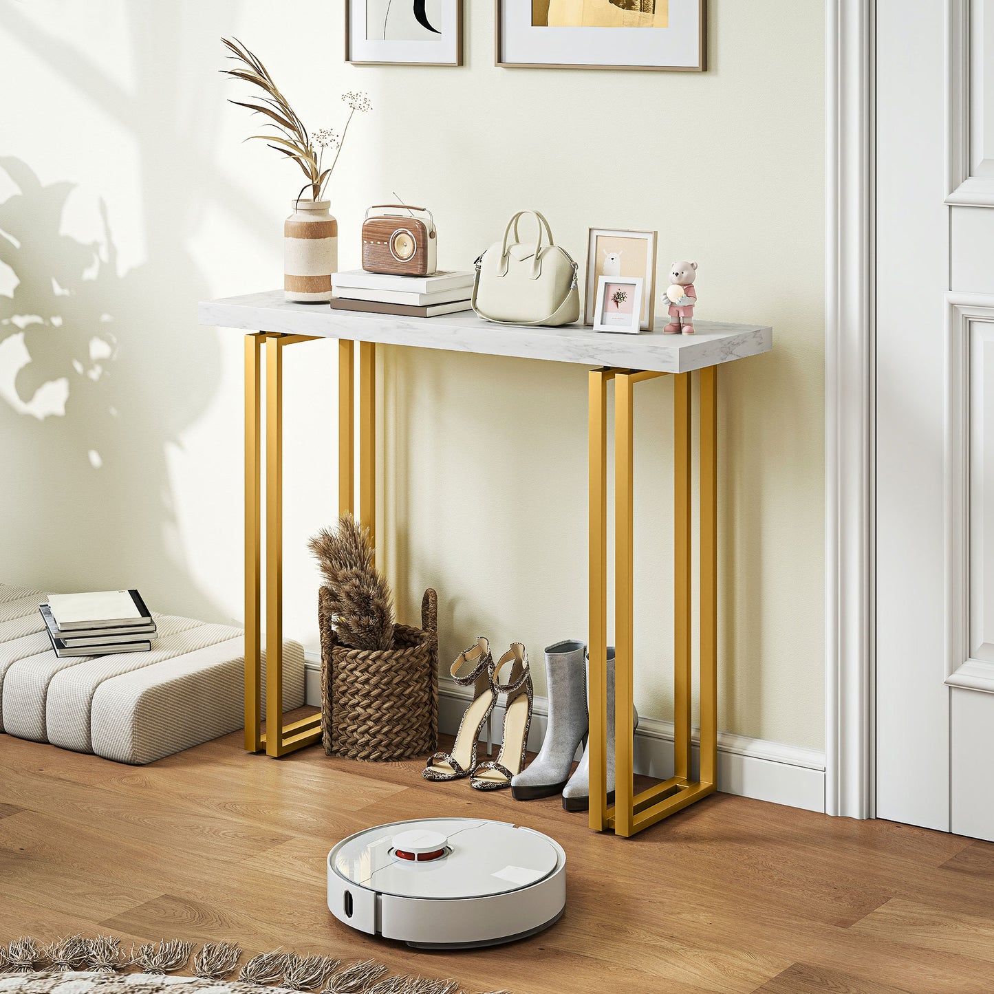 HOMCOM 100 cm Console Table With Faux Marble Top Narrow Entryway Table Anti-Tipping Device White