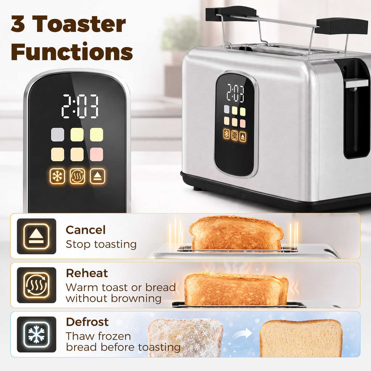 Stainless steel 2-slice toaster with LED control icons for cancel, reheat, defrost