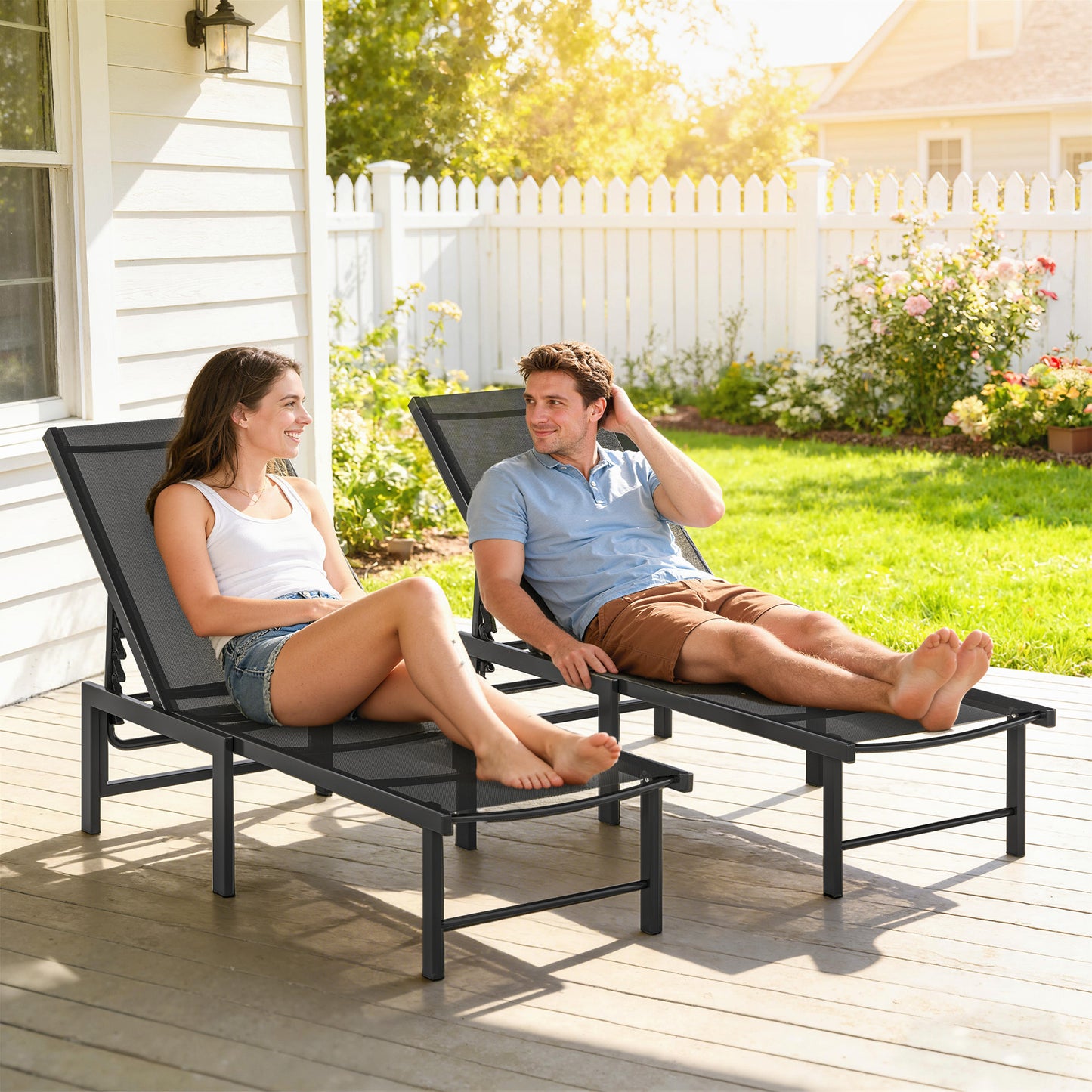 Outsunny Set Of Two Reclining Sun Loungers Black Five Position Adjustable Backrest For Garden Comfort