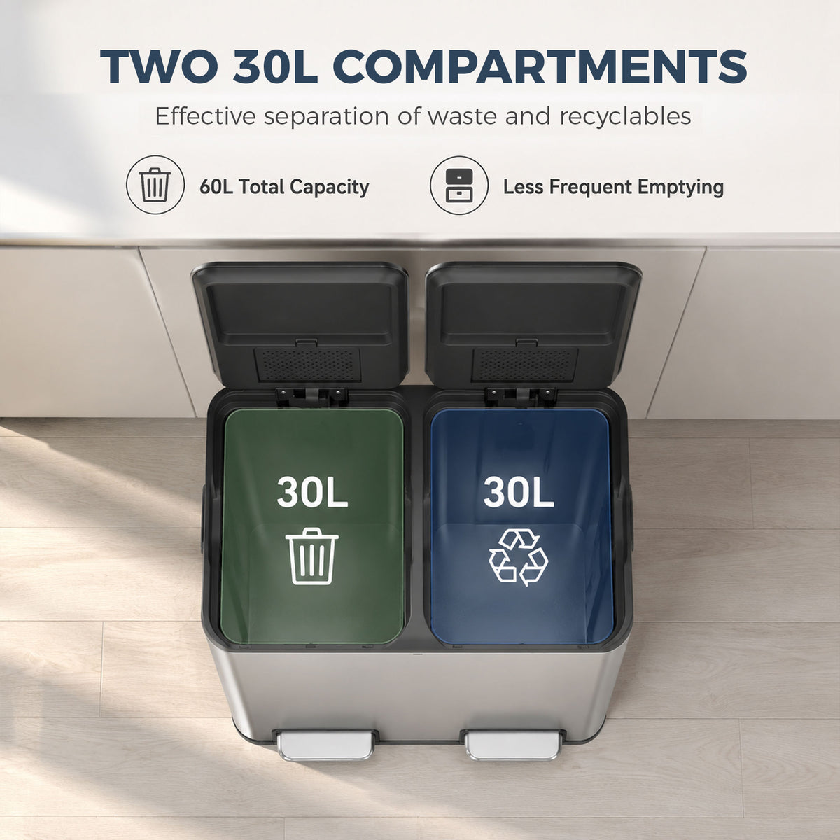 Homcom Dual Compartment Kitchen Waste Bin 60L Stainless Steel Pedal Soft Close