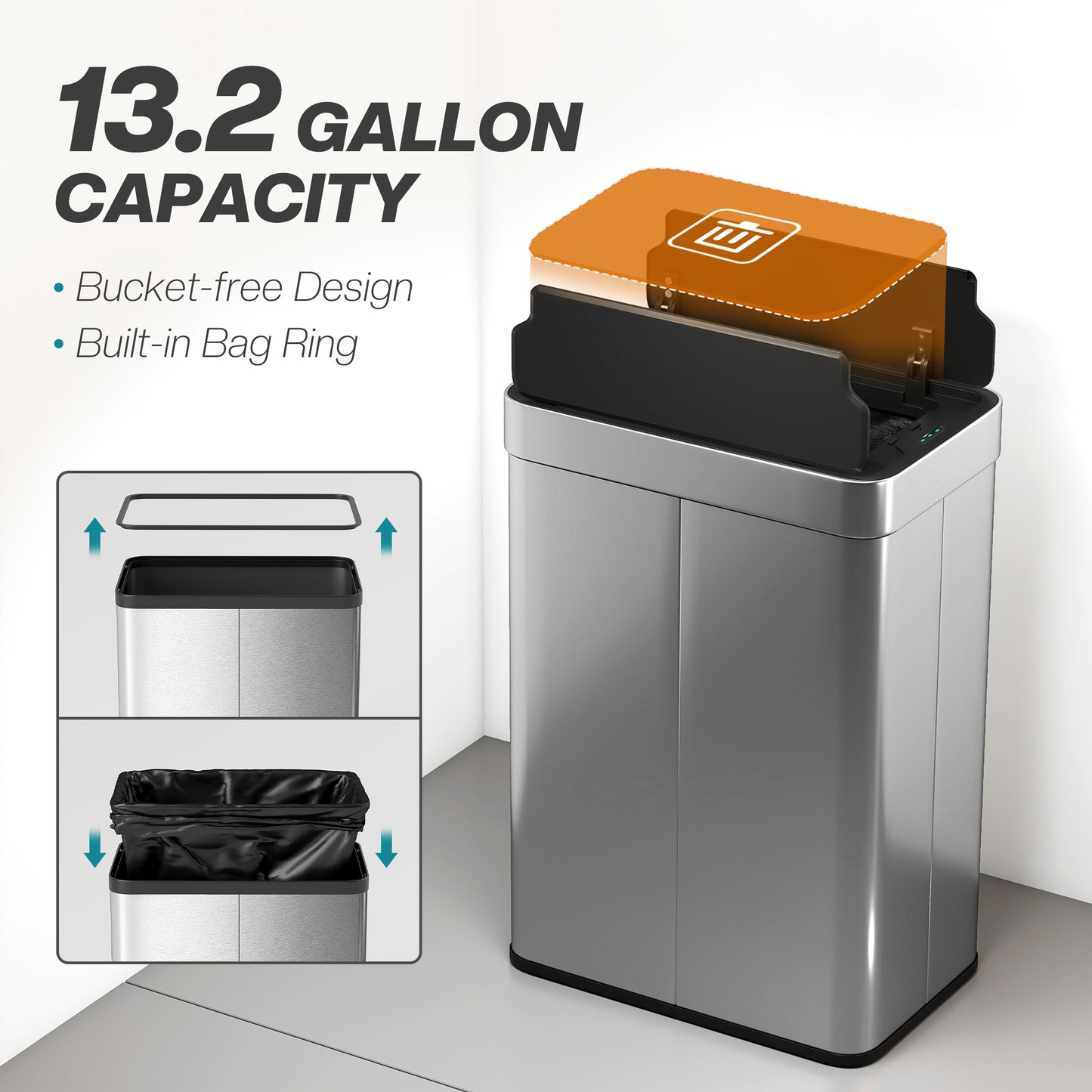 HOMCOM 55L Sensor Bin Large Automatic Touchless Rubbish Bin With Soft Close Lid Silver Tone