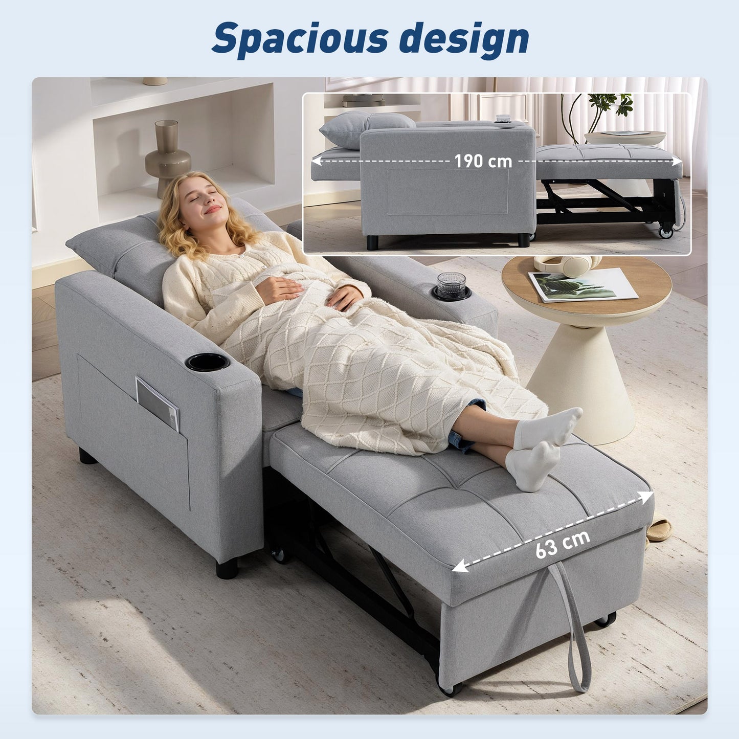 HOMCOM 3 In 1 Sofa Bed Convertible Sleeper Chair Bed With Soft Upholstery And Light Grey