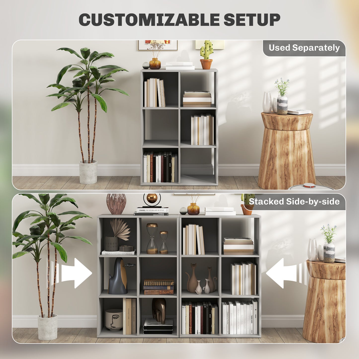 HOMCOM Six Cube Bookshelf In Light Grey Durable Particle Board Storage Organizer For Home Office Living Room