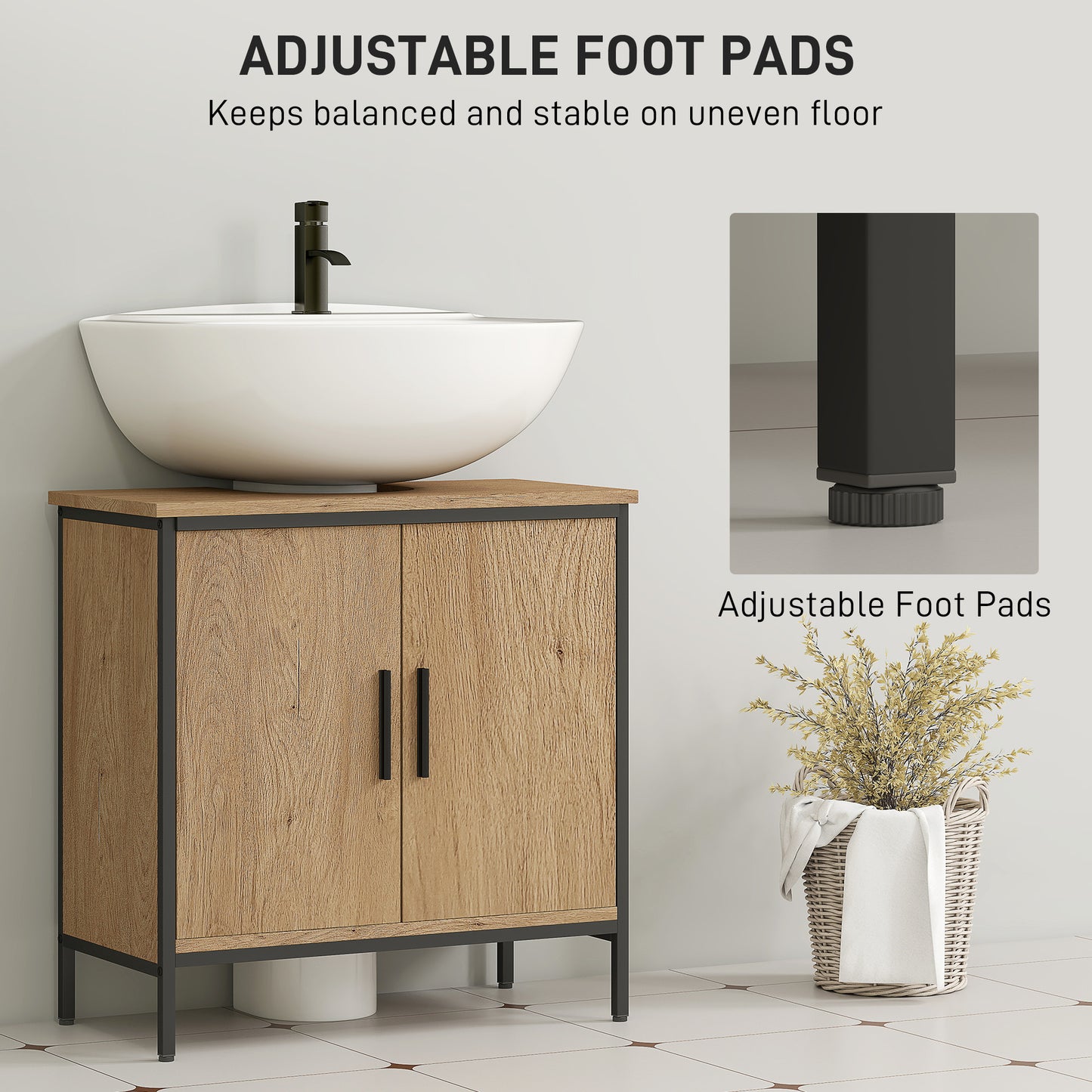HOMCOM Bathroom Vanity Unit Under Sink Storage Cabinet With Two Doors Adjustable Shelf For Basin Without Pedestal Oak