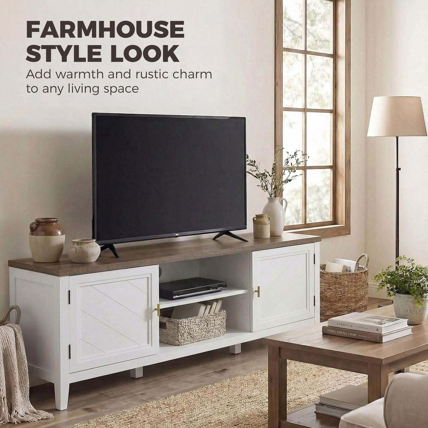 HOMCOM TV Stand For 42 Inch TVs Farmhouse Entertainment Centre With Two Cabinets And Open Shelves Thick Top