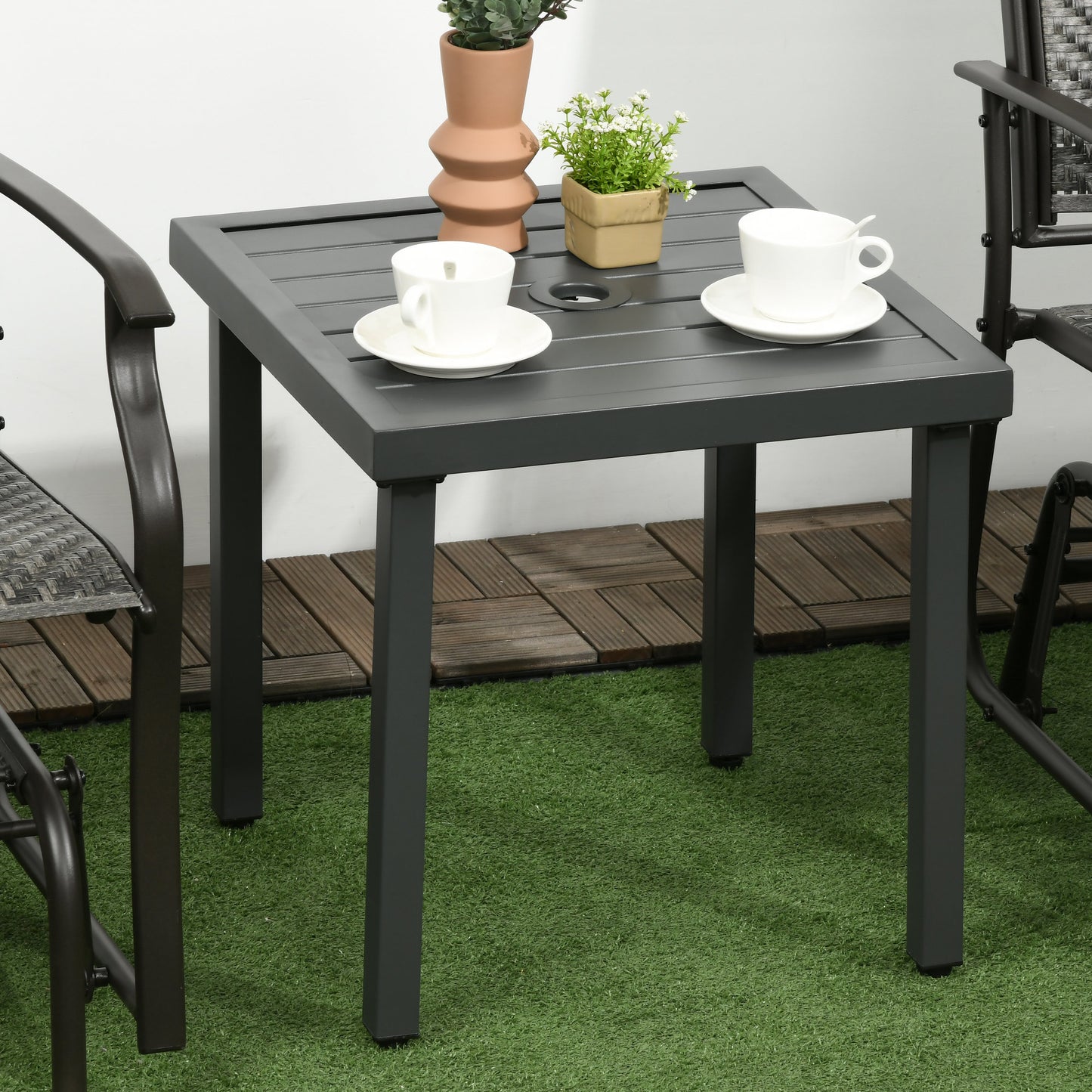 Outsunny Grey Patio Side Table with Umbrella Hole - Steel Frame Coffee Table for Balcony - ALL4U RETAILER LTD