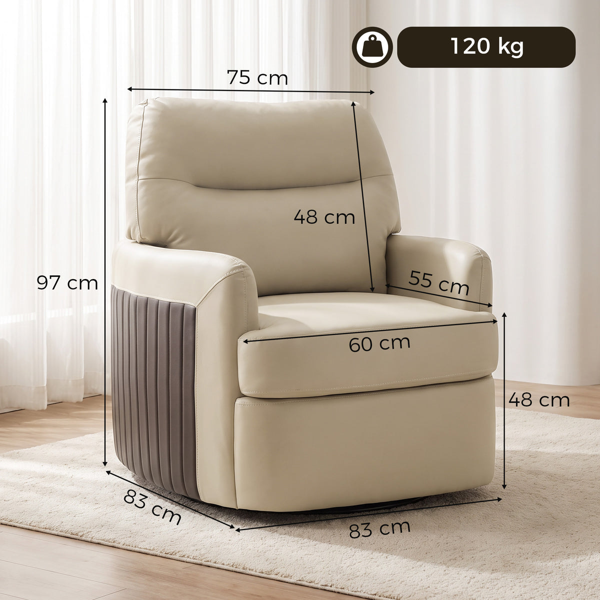 Cream faux leather swivel accent chair with cushioned back and wide padded armrests