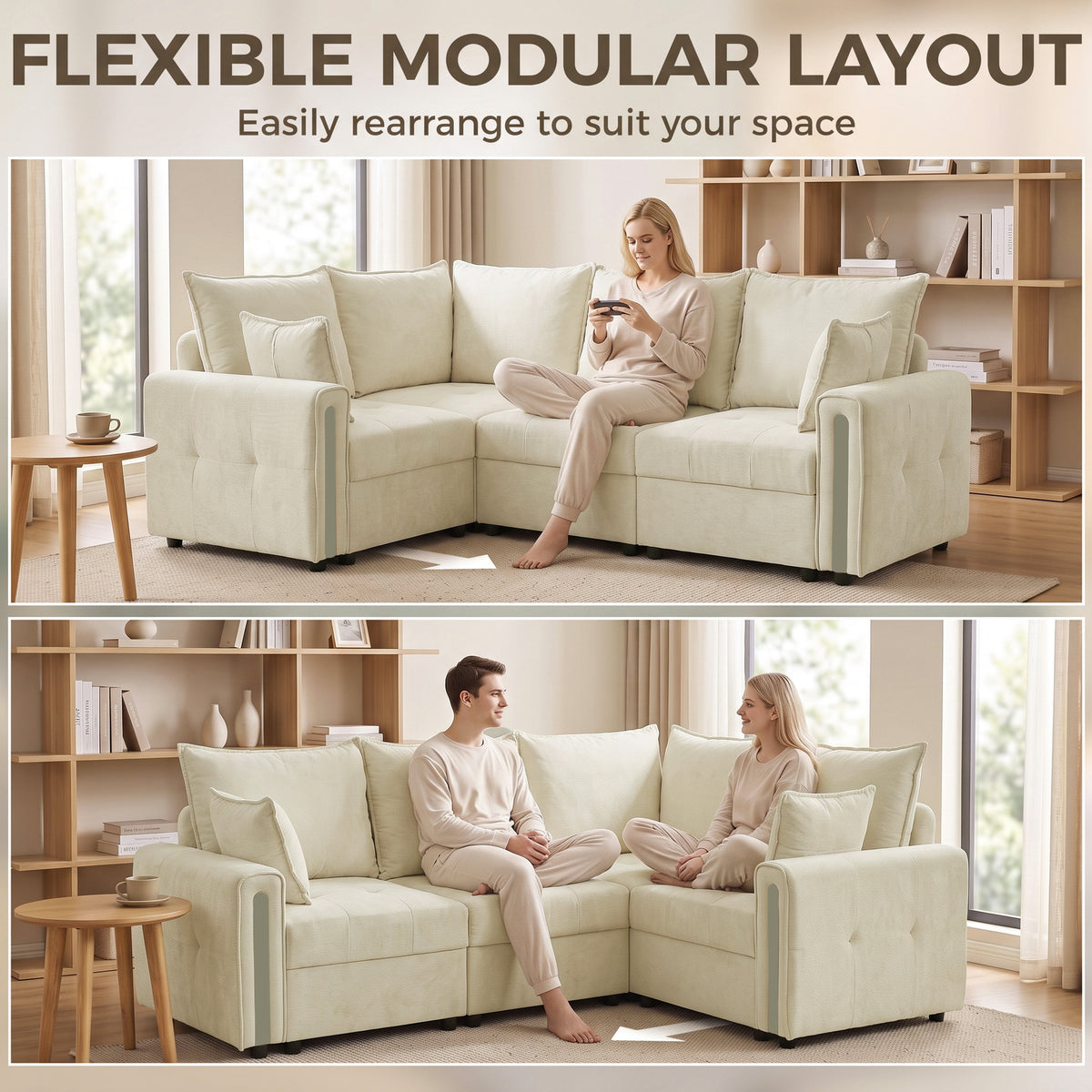 Beige L-shaped 3-seat reversible sofa with lift-up storage, corner sectional view