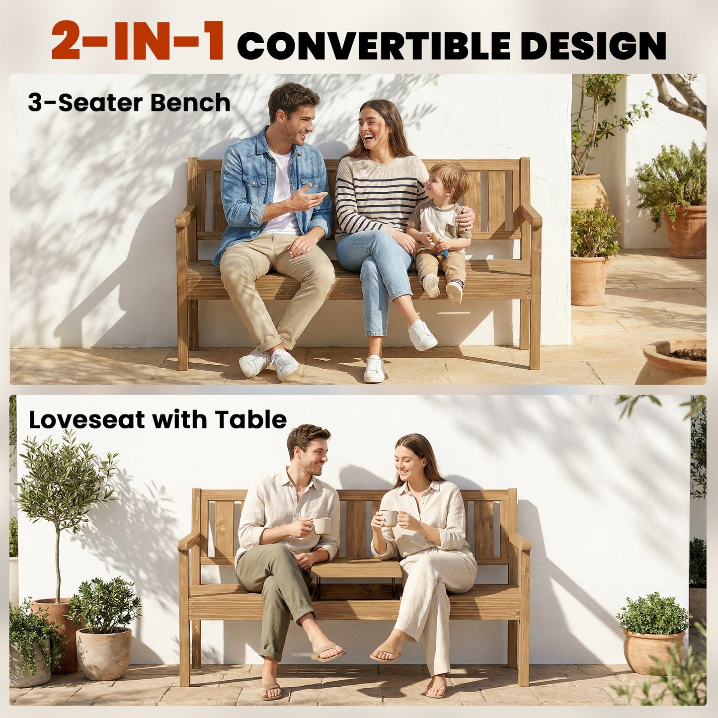 Outsunny Wooden Garden Bench With Liftable Table And Shelf Two To Three Seater Loveseat With Fir Wood Frame Teak