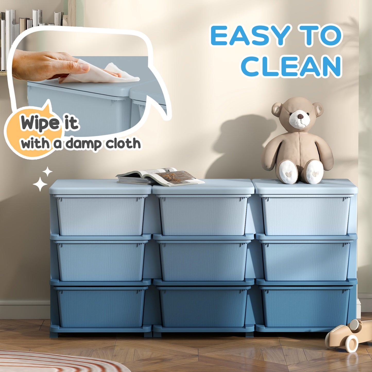 HOMCOM Kids Storage Unit With Nine Drawers Blue Durable PP Material Toy Organizer For Kids Bedroom