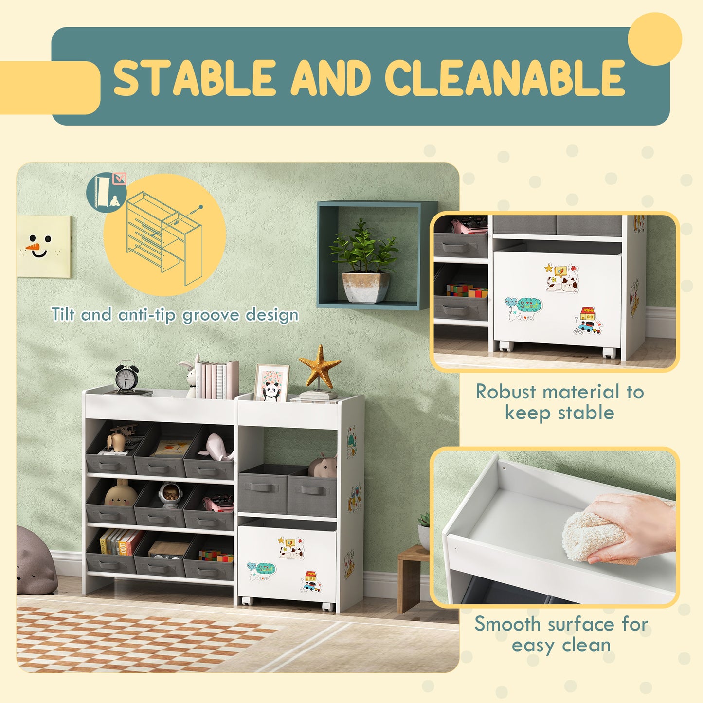 AIYAPLAY Kids Toy Storage Unit With 11 Fabric Bins Cabinet And Top Shelves White For Nursery And Playroom