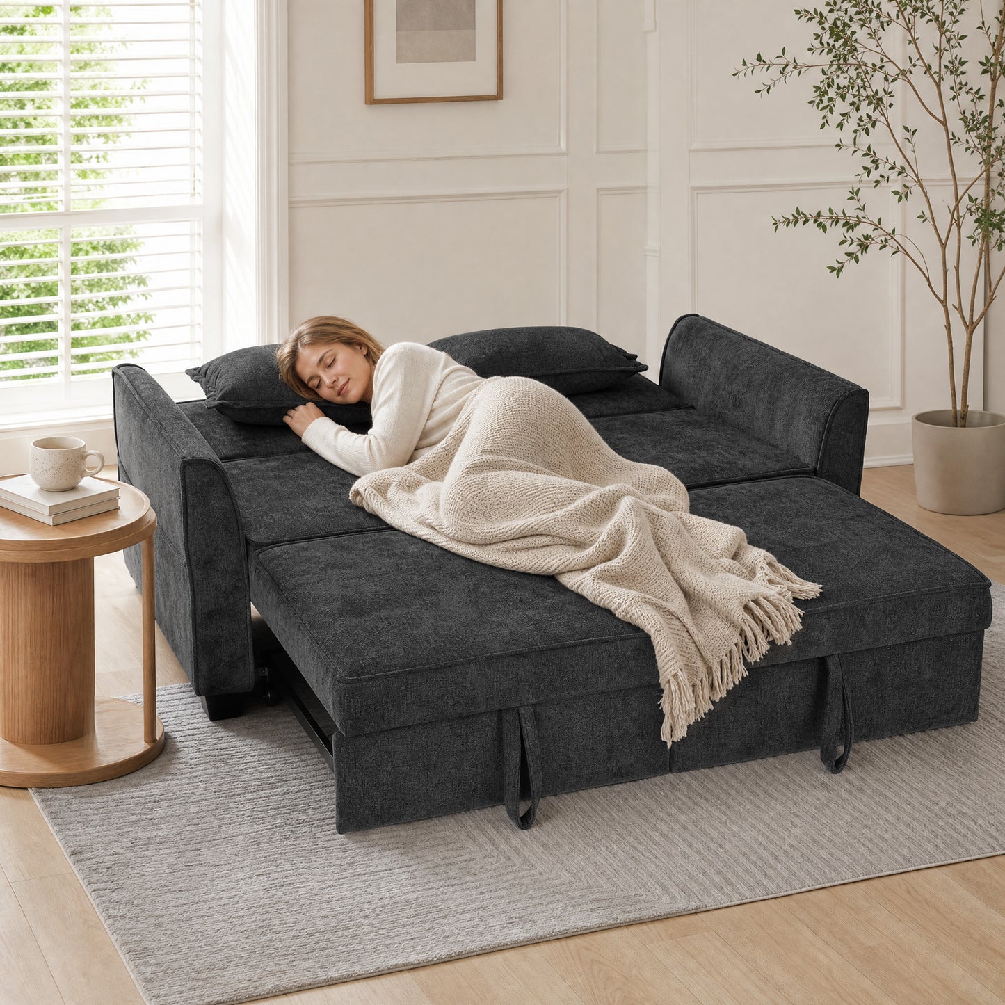 HOMCOM 2 Seater Sofa Bed 4 In 1 L Shaped Convertible Pull Out Sleeper With Adjustable Back And Side Pockets Black