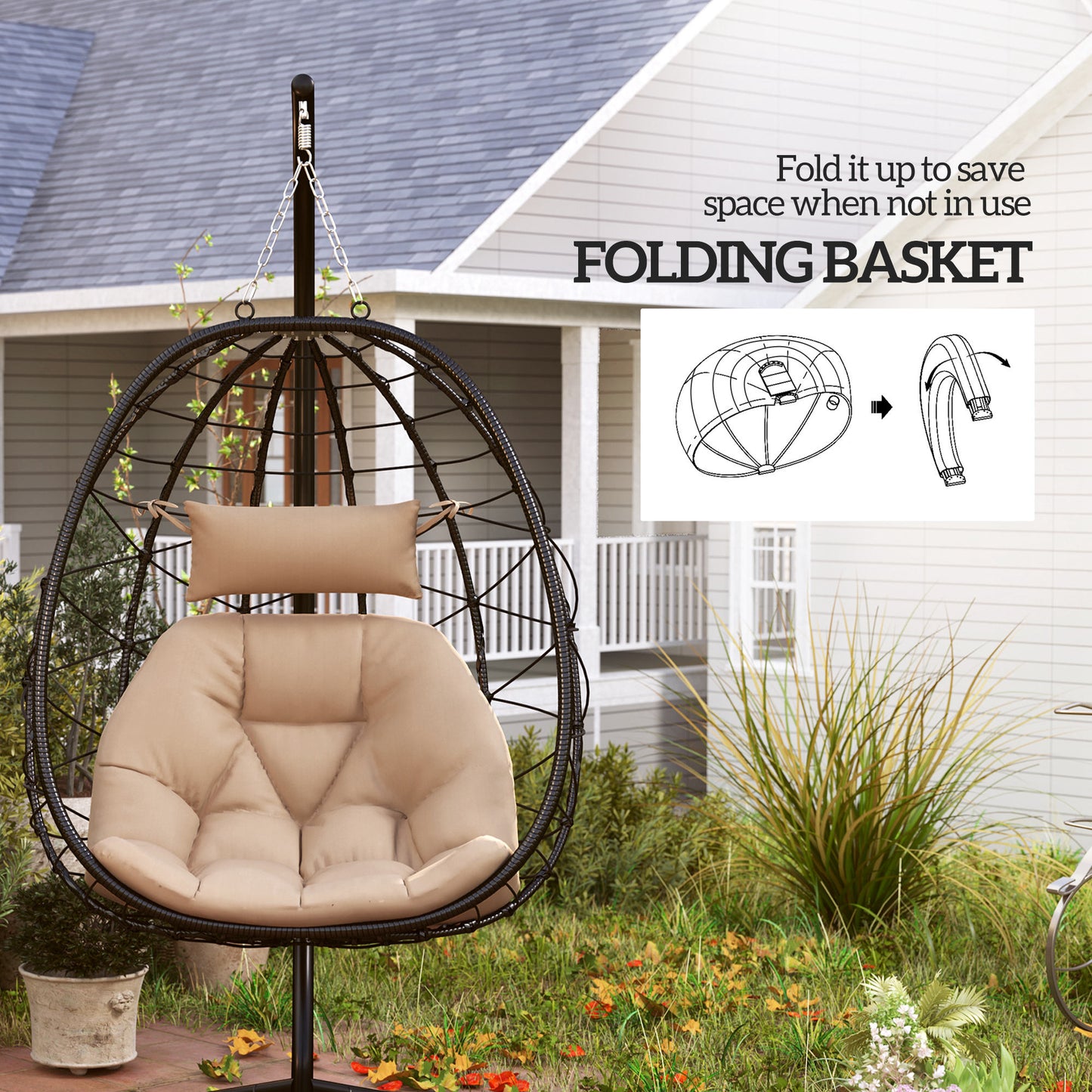 Outsunny Hanging Egg Chair With Stand For Patio Balcony Folding Basket 15cm Thickened Cushion With Headrest Khaki