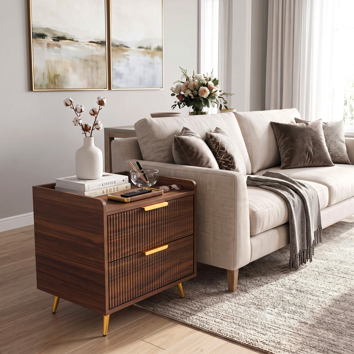 HOMCOM Two Drawer Bedside Table Walnut Brown Nightstand With Gold Handles
