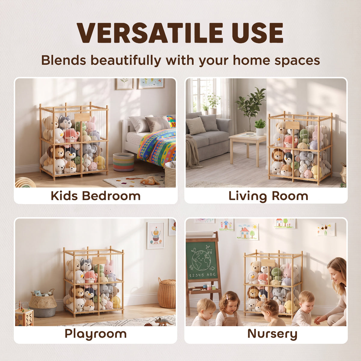 Wooden stuffed animal storage zoo organizer shown for use in different room settings