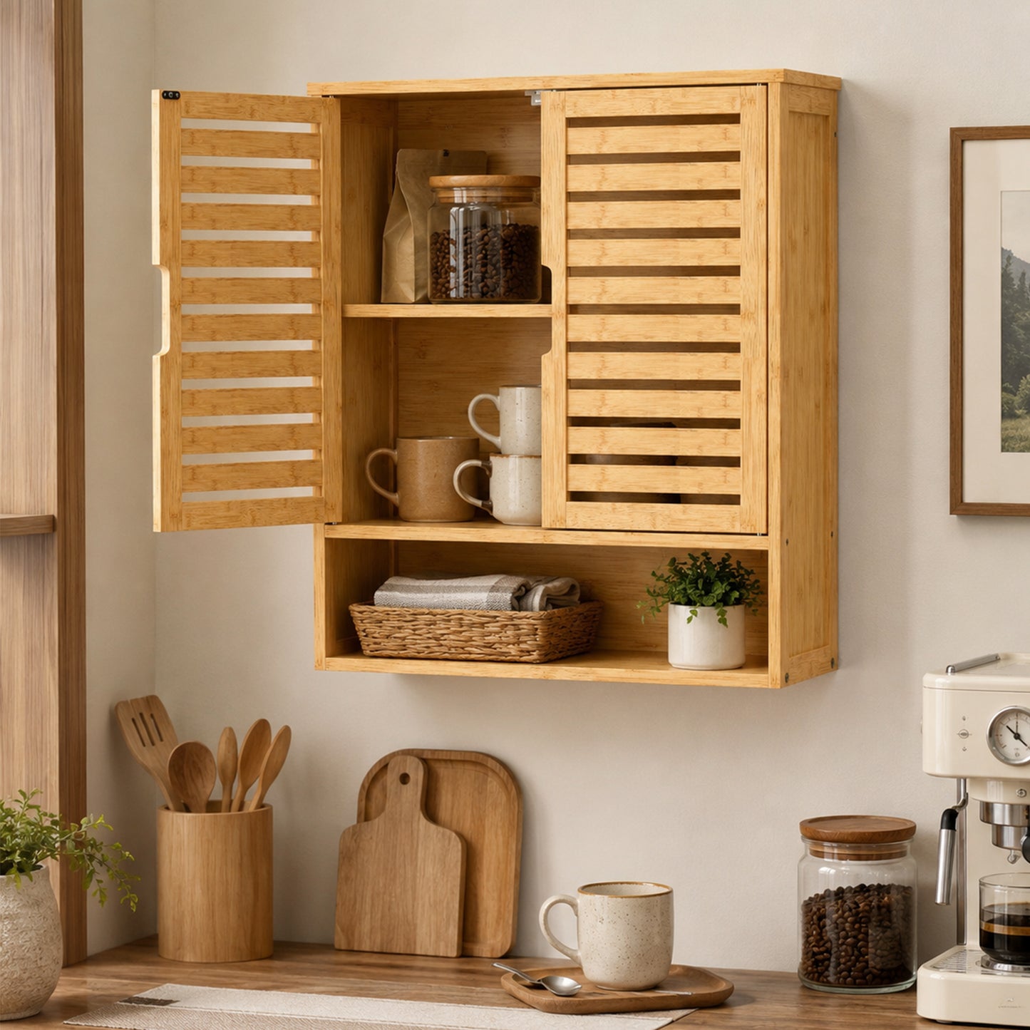 HOMCOM Bathroom Wall Cabinet Wall Mounted With 2 Louvered Doors Open Shelf And Adjustable Shelf Storage