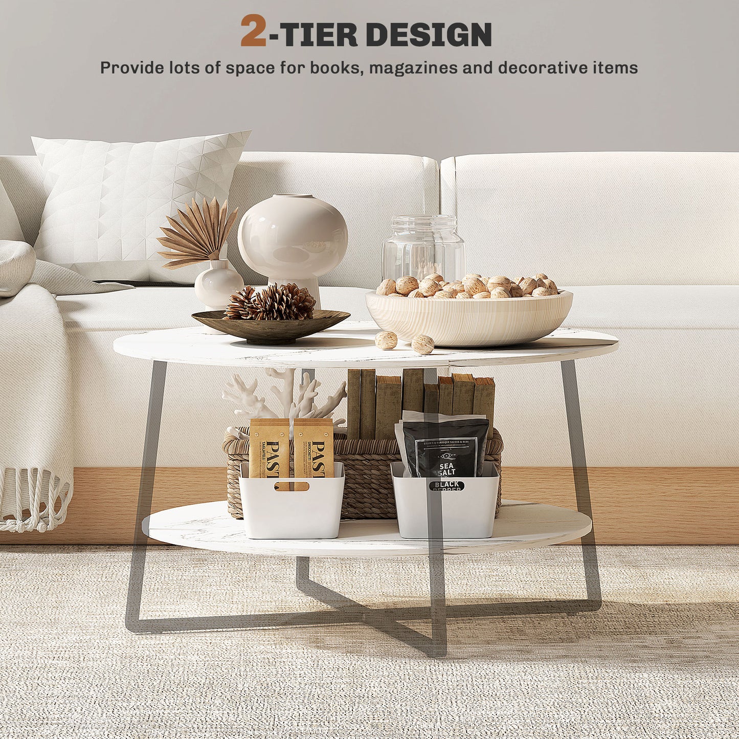 HOMCOM Round Two Tier Marble Effect Coffee Table White Black Finish With Adjustable Foot Pads