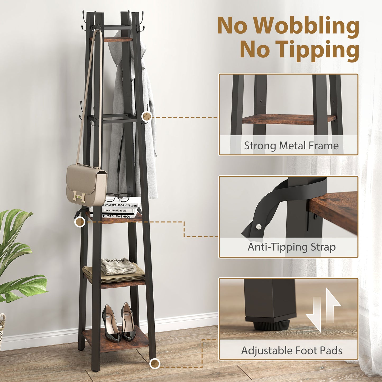 HOMCOM Industrial Style Four Shelf Coat Stand with Eight Hooks for Entryway Organization Brown and Black