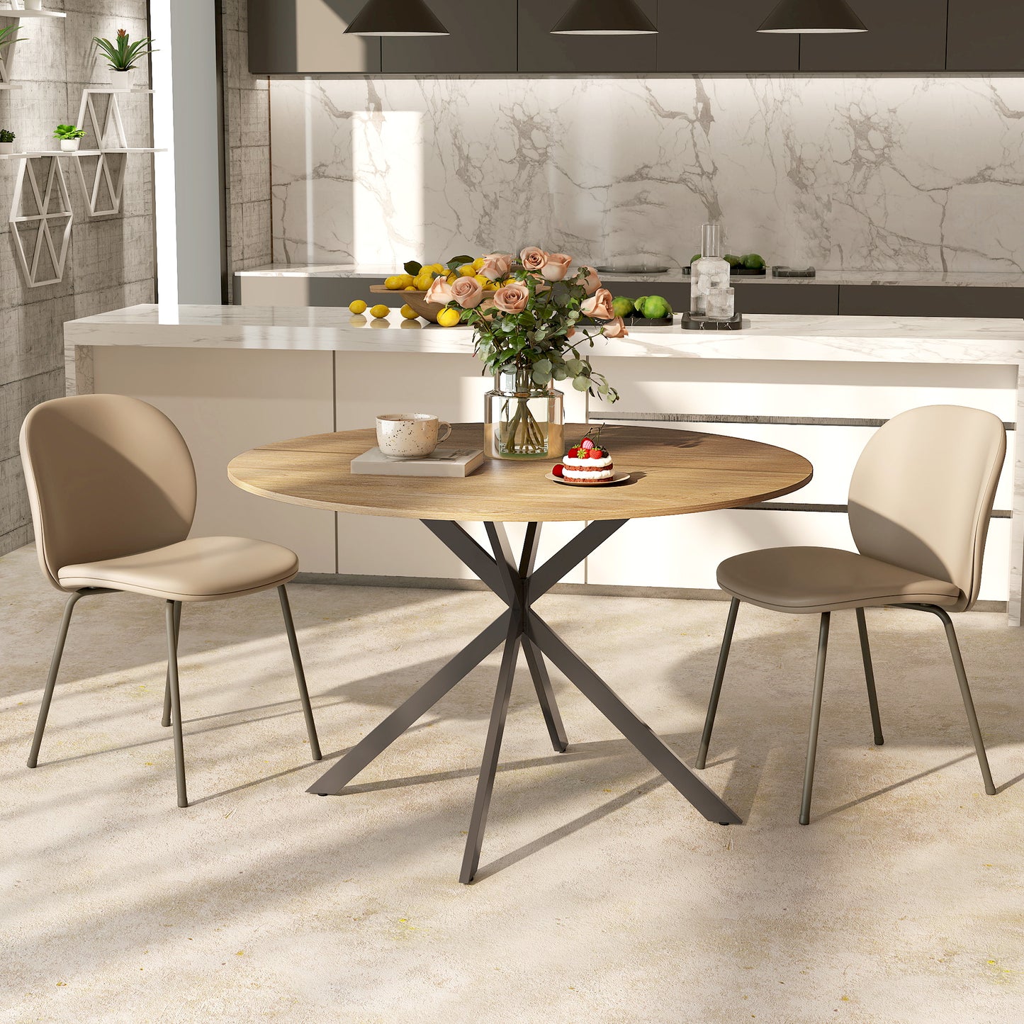 HOMCOM Dining Table For 4, 120 Cm Round Industrial Kitchen Table With Wood Effect Top And Steel Legs, Oak