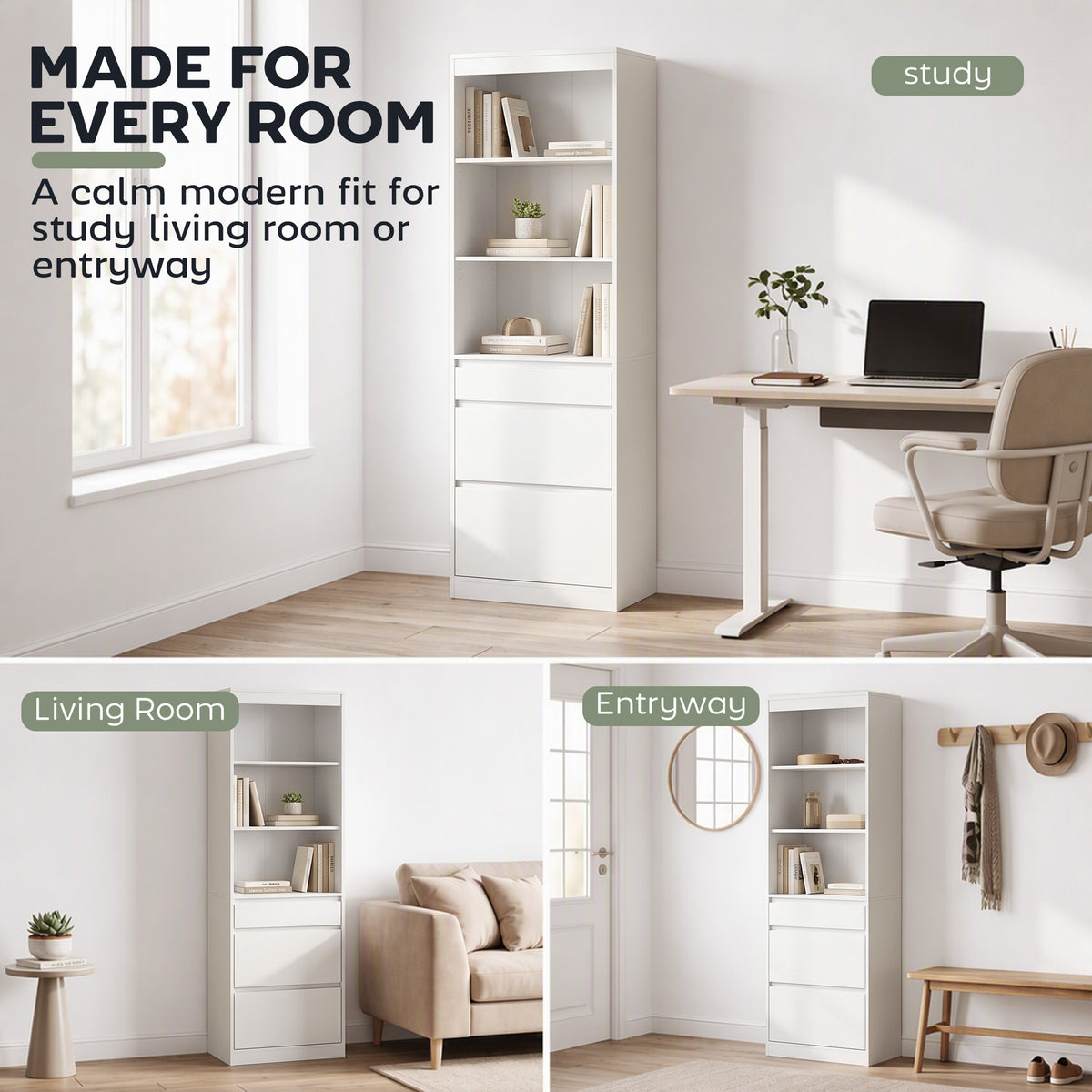 White bookcase with open shelves and three drawers for tidy home storage.