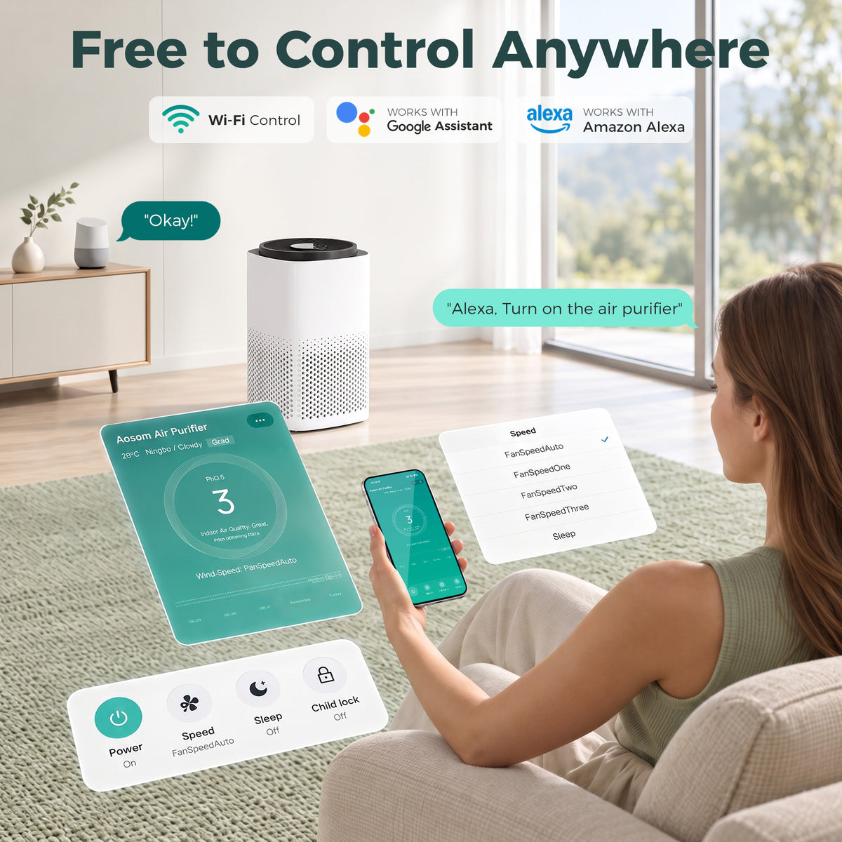 Smart Air Purifier With HEPA Filter For Home App Voice Control