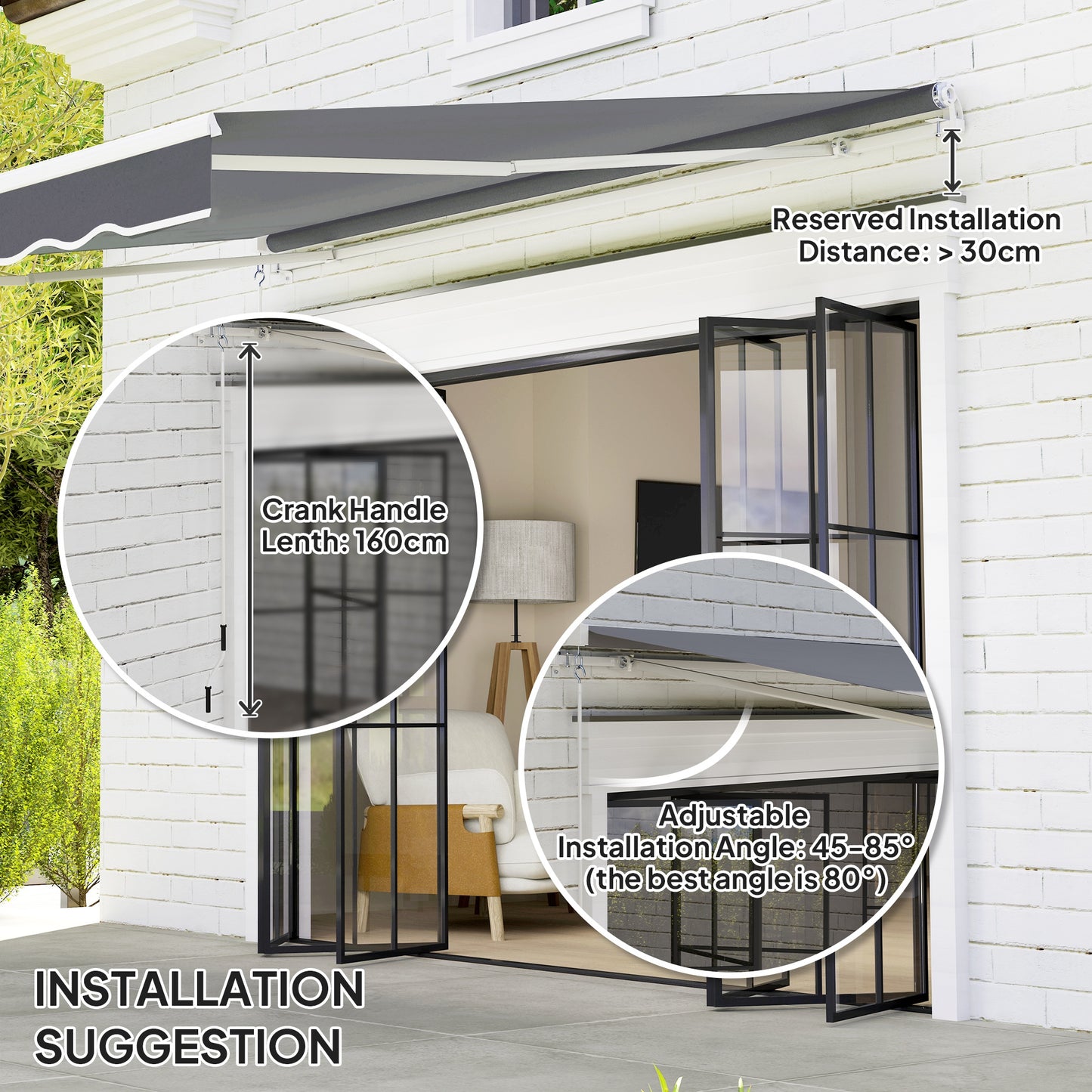 Outsunny 2 x 2.5m Manual Retractable Awning Dark Grey With 280gsm Polyester Canopy