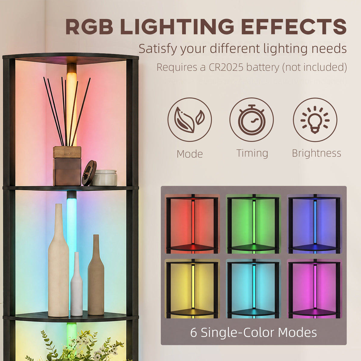 Black RGB floor lamp with four glass shelves and multiple single-color modes