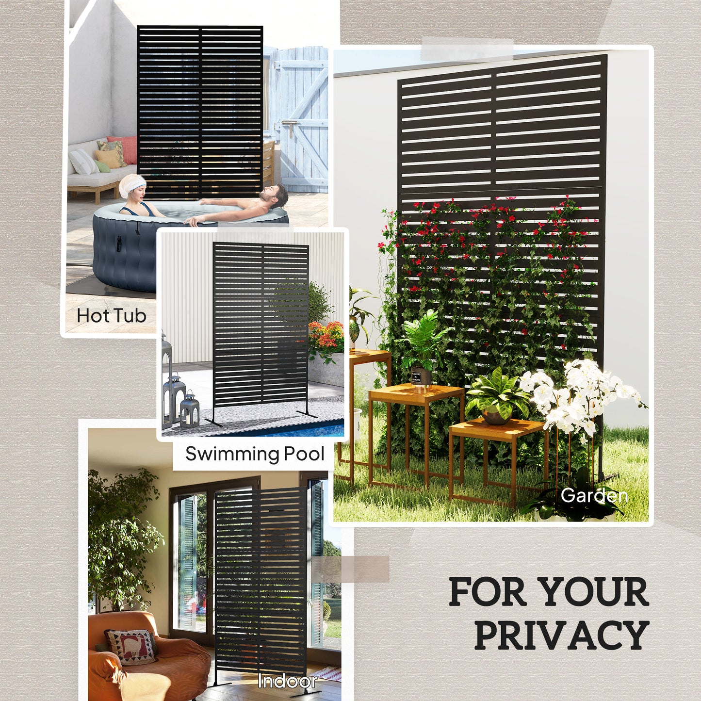 Outsunny Decorative Privacy Fence Screen With Stand 122 X 198 Cm Black Metal Trellis For Outdoor Privacy