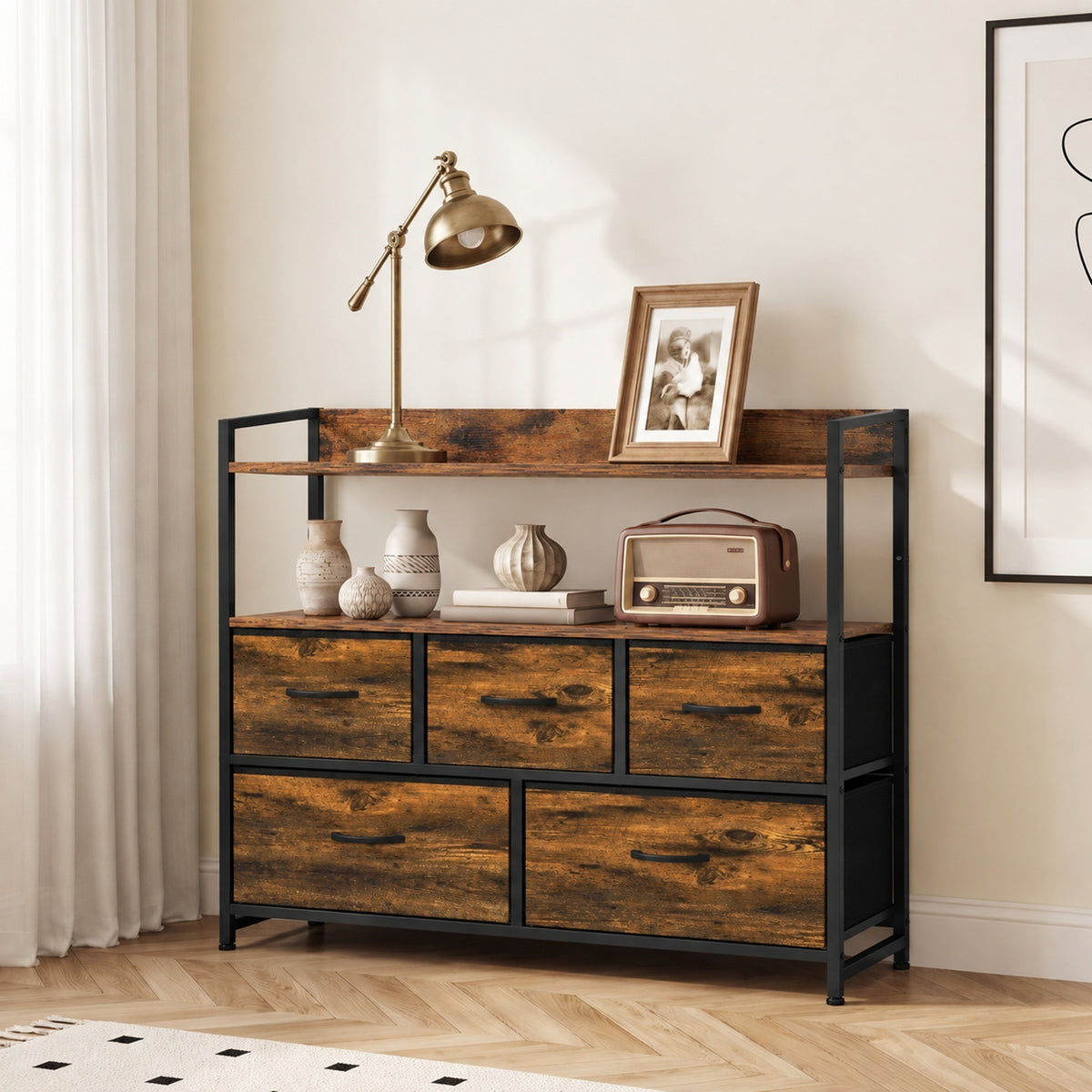 Rustic brown fabric dresser with open shelves and multiple drawer fronts