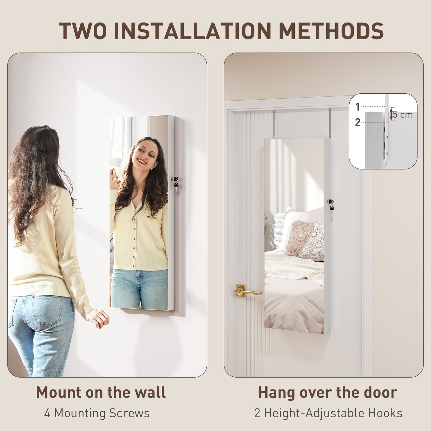 HOMCOM Lockable Jewellery Cabinet With LED Lights 108 x 37cm White Surface Black Lining Mirrored Jewellery Organizer