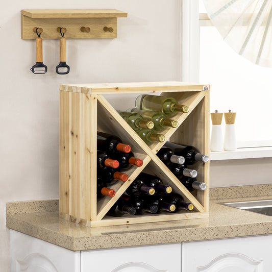 HOMCOM 24 Bottles Solid Wood Wine Rack Stand With X Cube Design Natural Finish For Compact Wine Storage