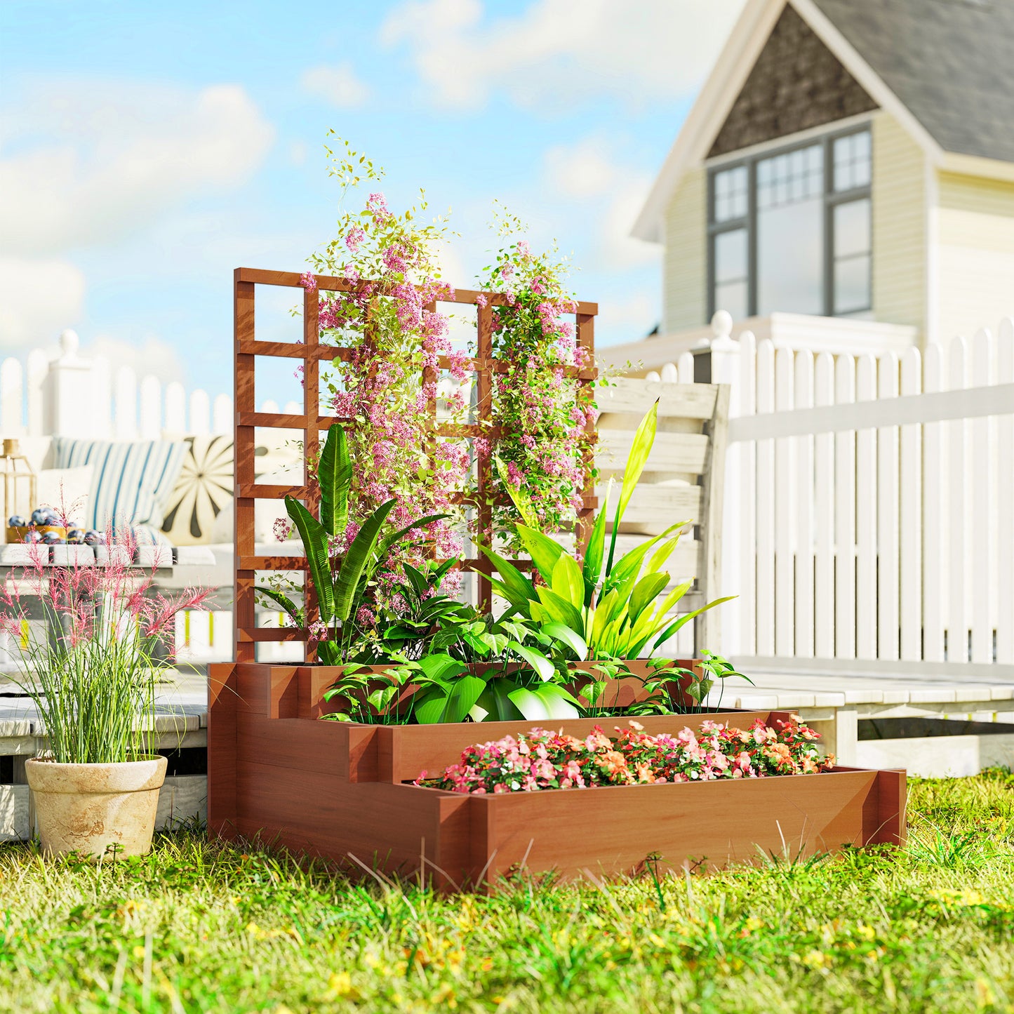 Outsunny 3 Tier Garden Planters With Trellis For Vine Climbing Wooden Raised Beds 95x95x110cm Brown