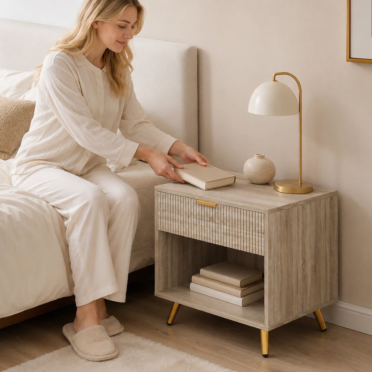 HOMCOM Bedside Table With Drawer Natural Wood Finish Nightstand Bedroom