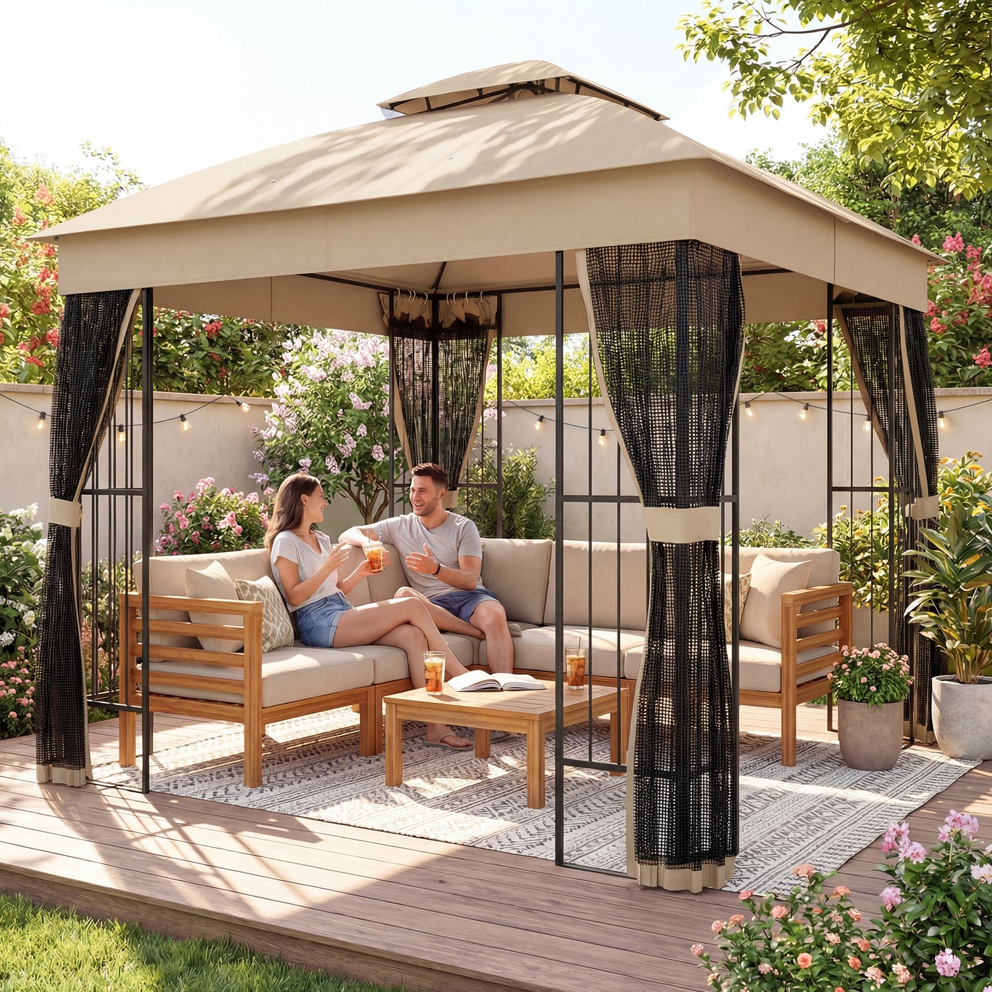 Outsunny 3x3 m Outdoor Garden Gazebo With Post Shelves Mesh Panels And Double Roof UPF50+ Permanent Pavilion Brown