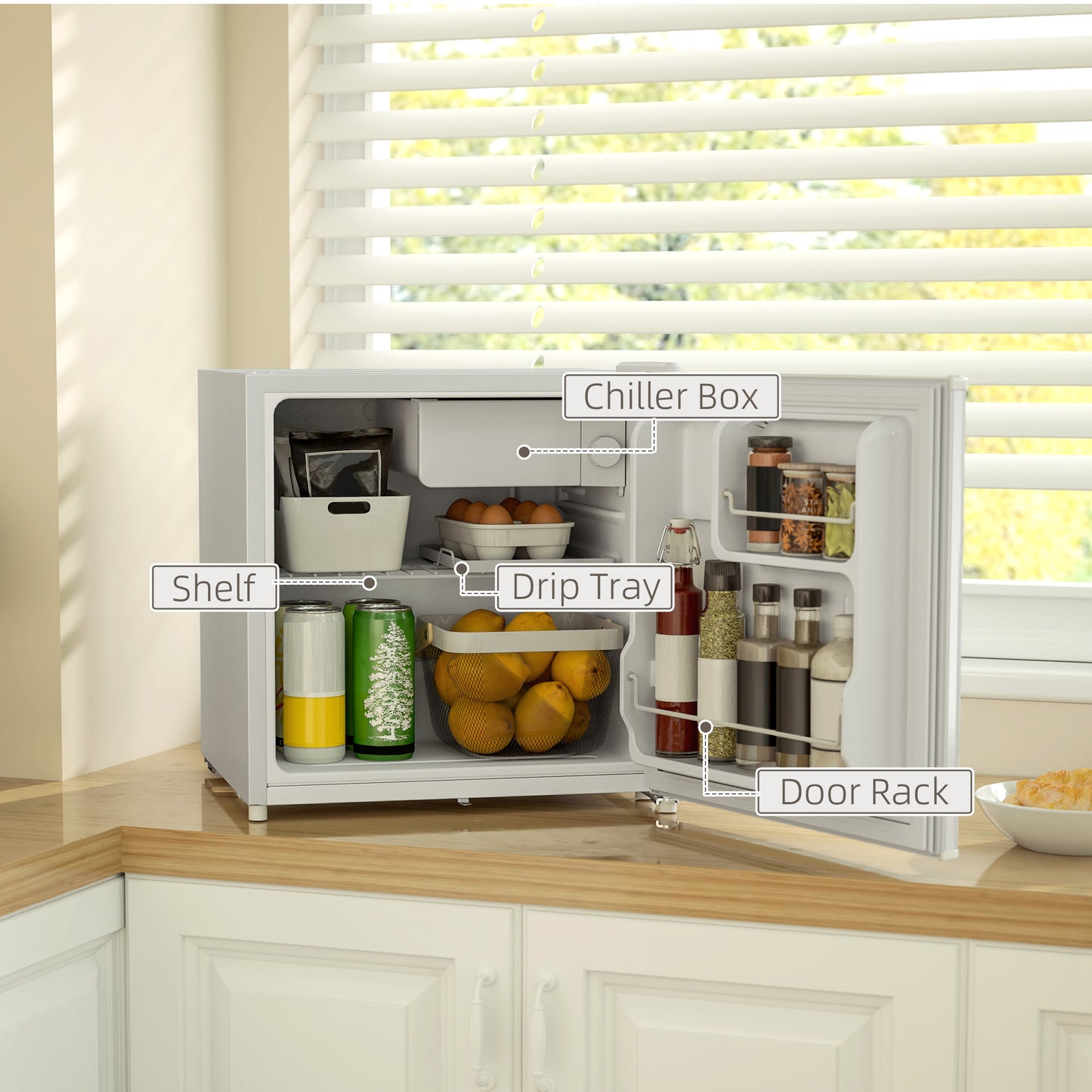 HOMCOM 46 Litre Lockable Countertop Fridge Cream White Ideal For Home Office Small Kitchen