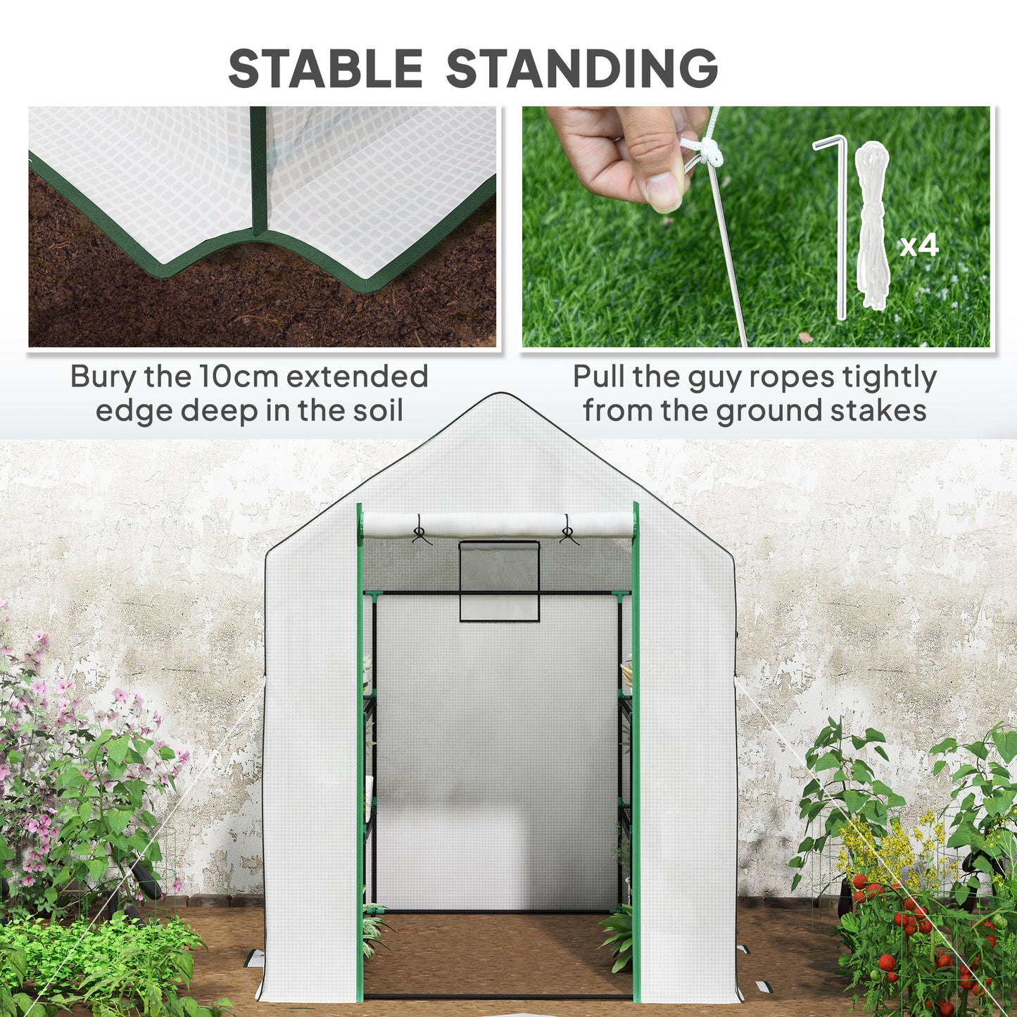 Outsunny Walk In Plastic Greenhouse 143x140 cm With Four Shelves On Each Side Roll Up Door UV Resistant Cover White