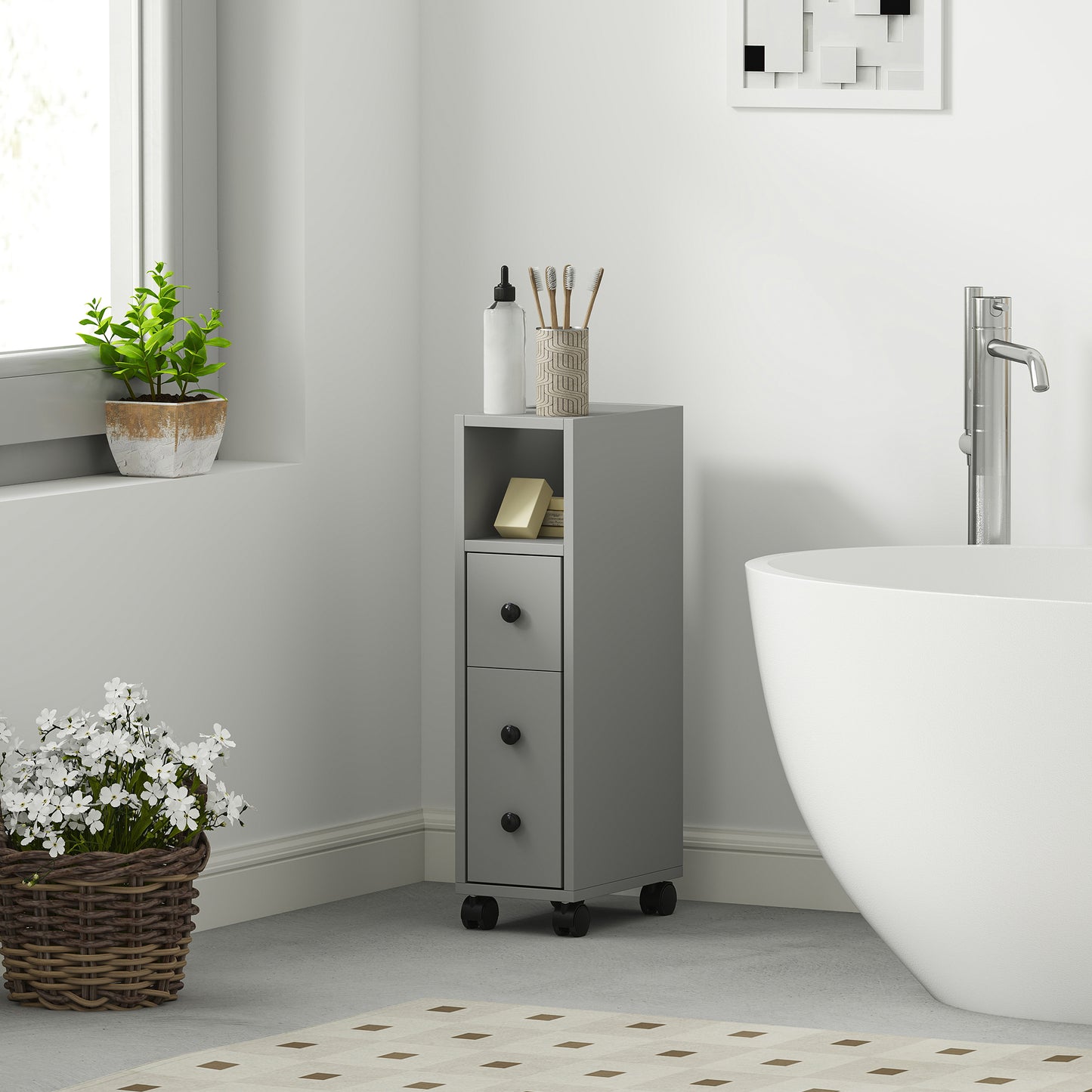 Kleankin Slimline Bathroom Storage Cabinet Grey With Top Drawer And Two Open Compartments