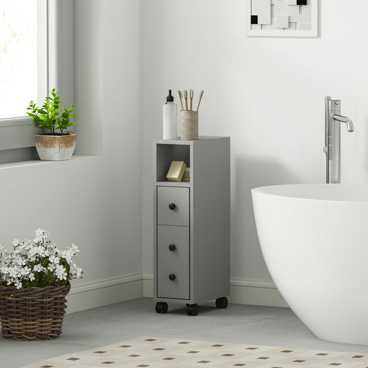 Kleankin Slimline Bathroom Storage Cabinet Grey With Top Drawer And Two Open Compartments